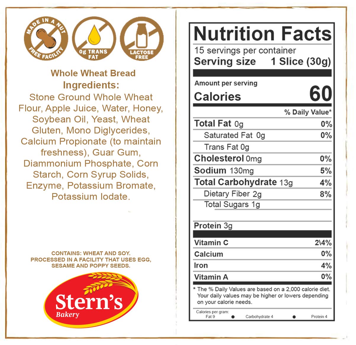 100% Whole Wheat Bread Sliced - 3 Pack (16oz per Loaf) | Healthy Sandwich Bread | Kosher Certified | Dairy Free & Nut Free | Stern's Bakery | Perfect for Sandwiches, Toast & School Lunches