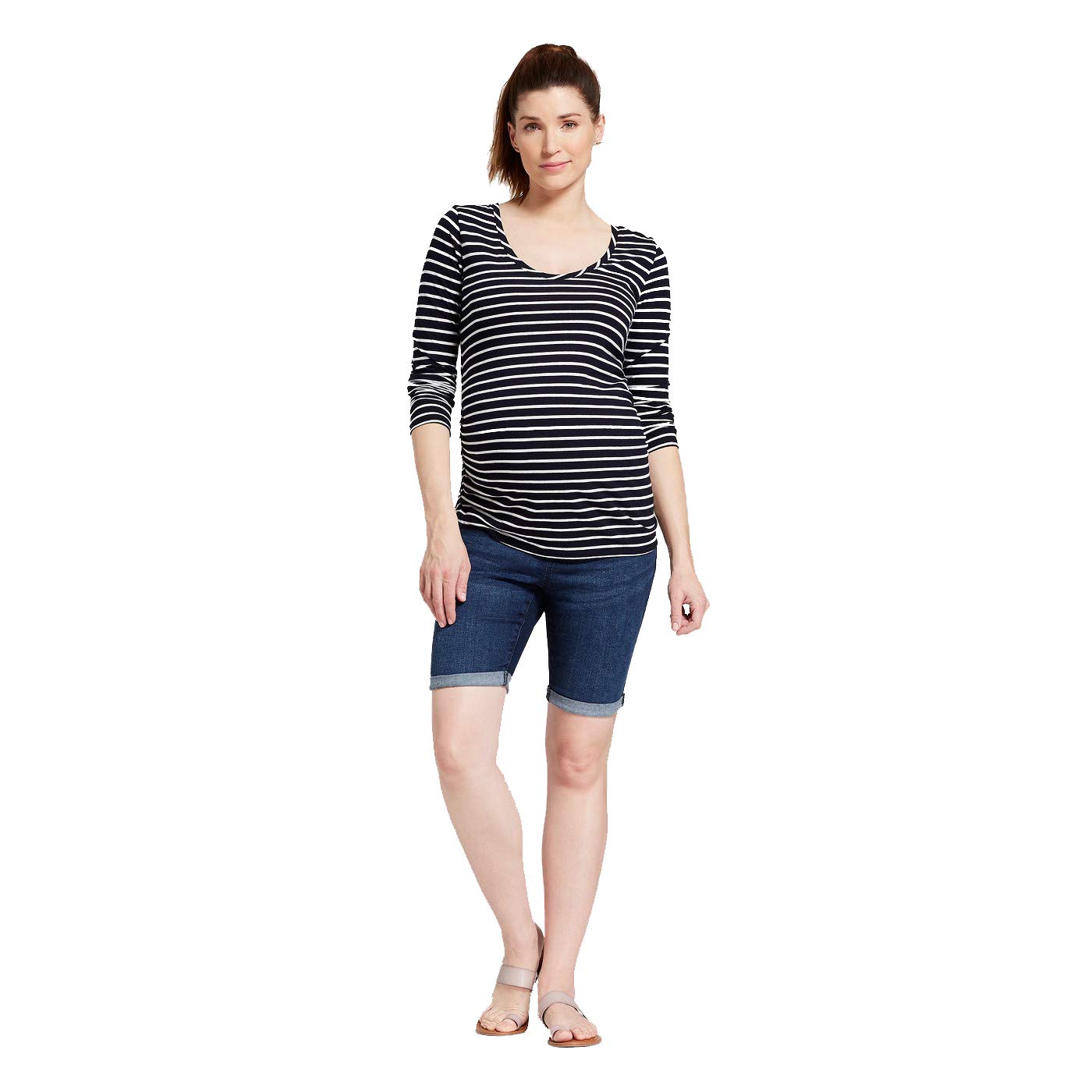 Ingrid & Isabel Women's Maternity Mid Rise Crossover Panel Bermuda Jean Shorts - Comfortable Stretch Denim Shorts for Pregnancy - Dark Wash Size 14 - Perfect for Summer, Casual Wear & Maternity Outfits