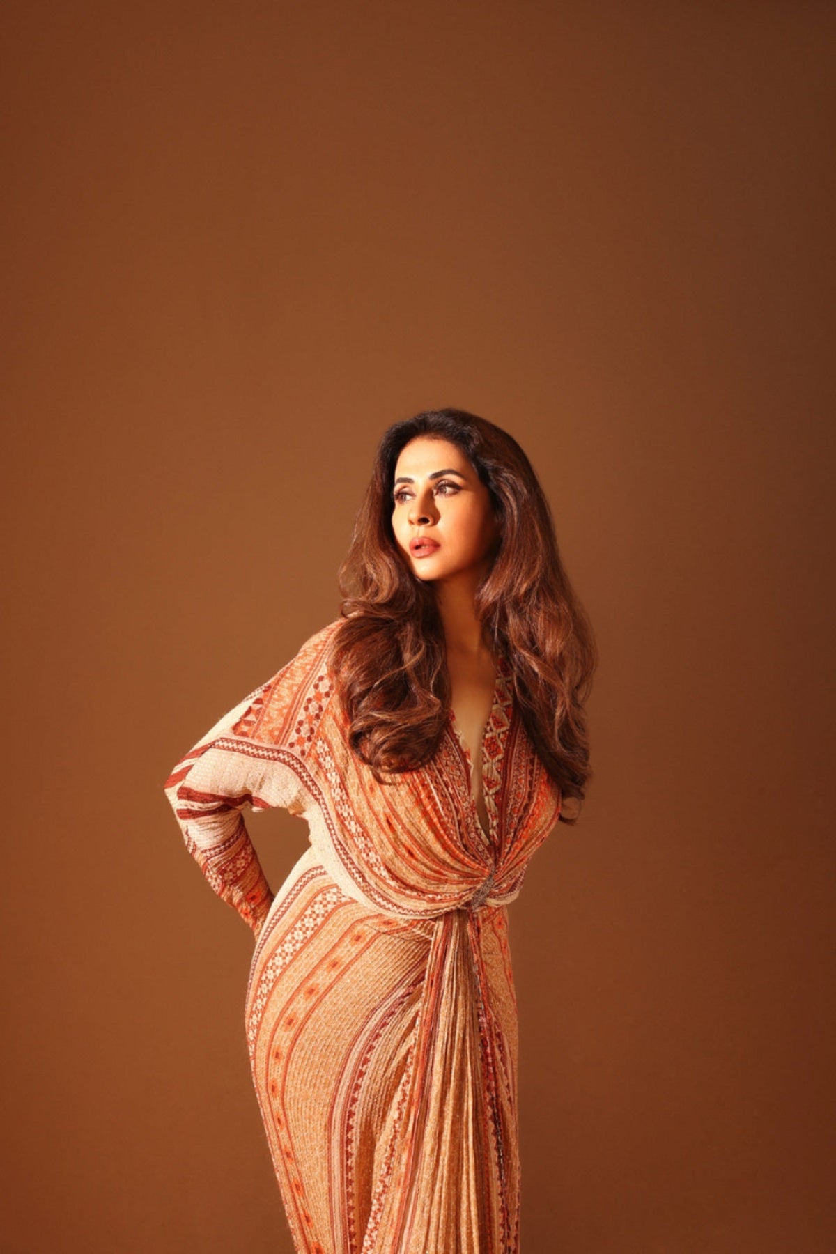 URMILA MANDOTKAR Dark Beige Placement Print Draped Maxi Dress - Elegant Boho Chic Dress for Women, Perfect for Weddings, Parties & Summer Vacations