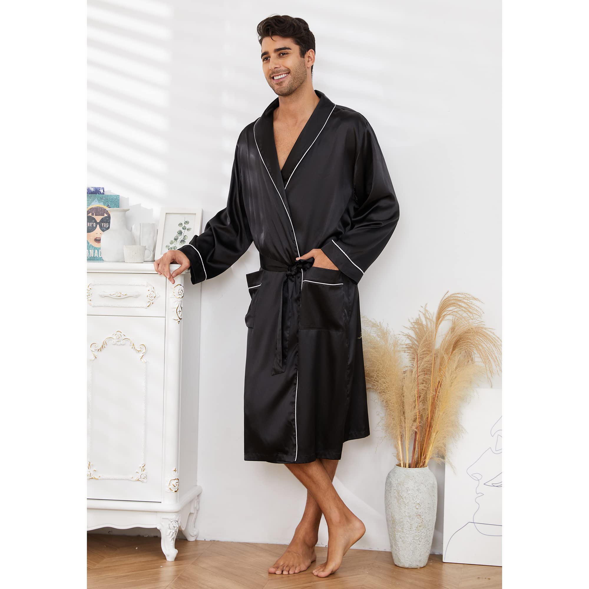 Vulcanodon Men's Satin Robe - Lightweight Luxurious Silk Kimono Bathrobe for Spa, Lounge & Home Relaxation