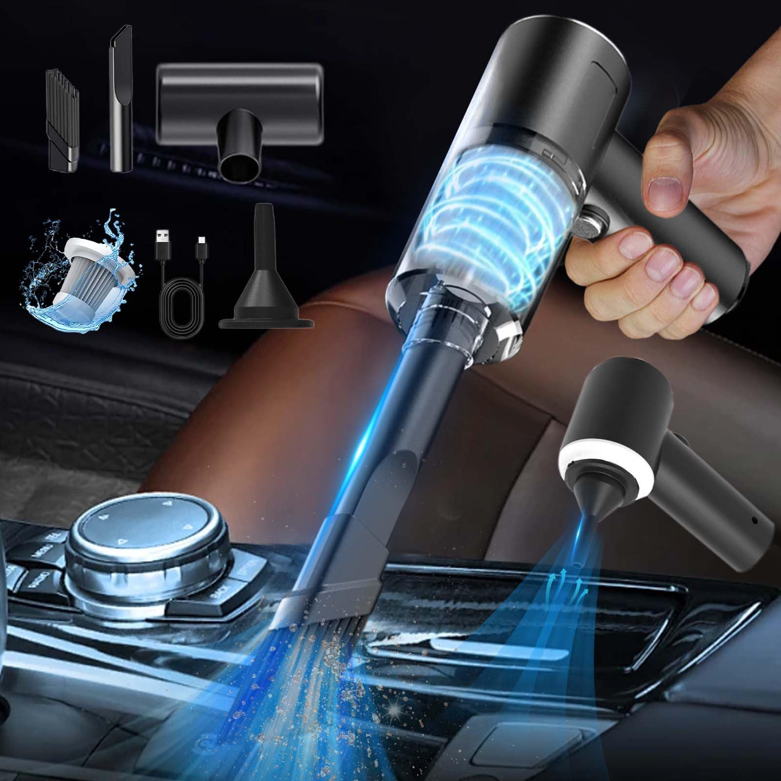 120W Powerful Handheld Car Vacuum Cleaner with LED Light & Multi Nozzles - Portable Mini Dust Buster for Car, Home, Office - Perfect for Quick Car Cleaning, Pet Hair Removal & Small Space Vacuuming (Black)