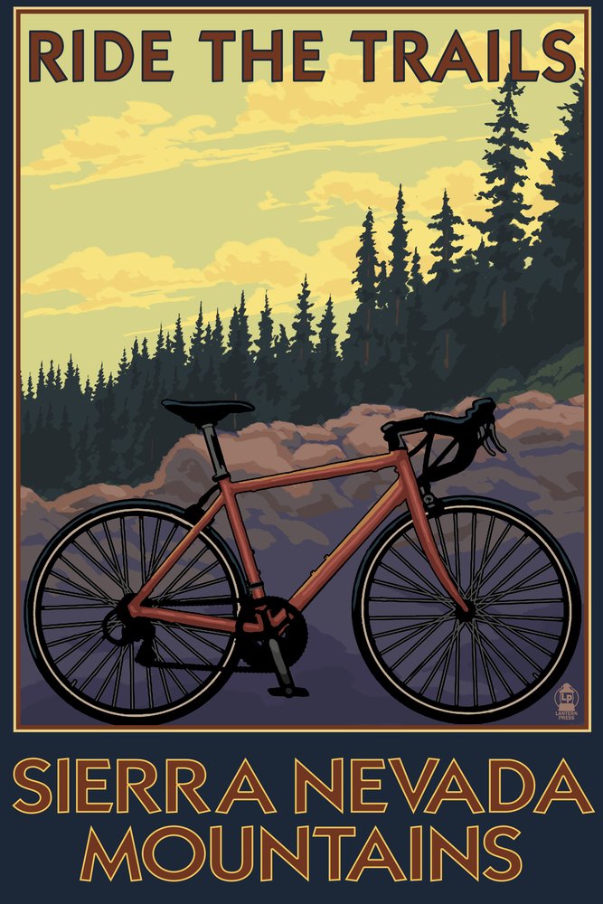 Sierra Nevada Mountains California Bicycle Trail Art Print - 24x36 Signed Wall Decor Poster for Living Room, Office & Home Decoration