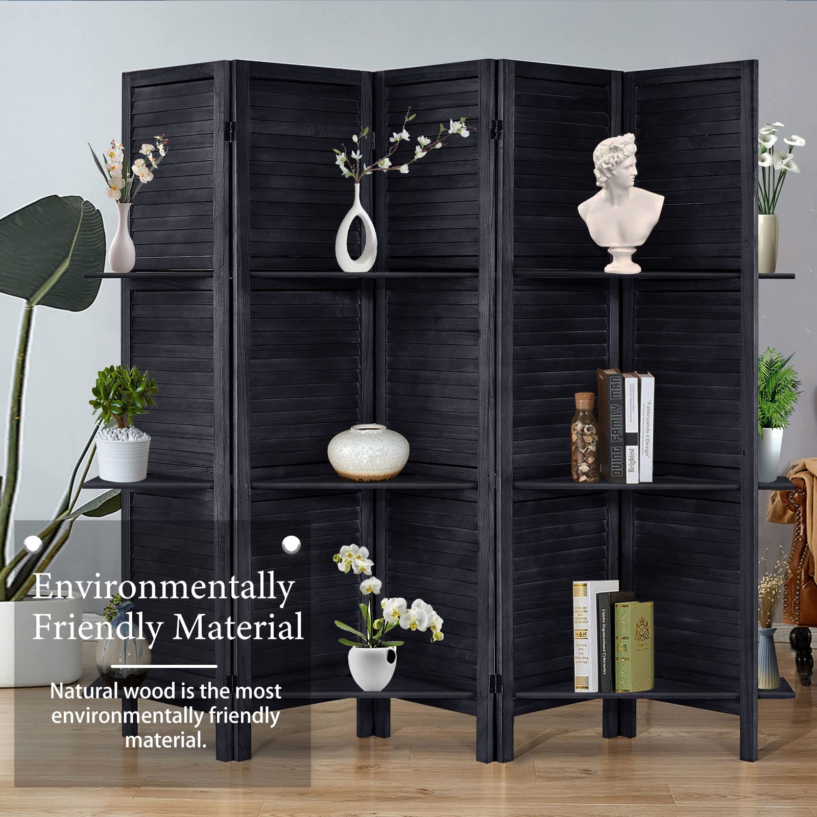 5.6 Ft Tall Wood Room Divider with Shelves - 5 Panel Folding Privacy Screen & Wall Partition for Home, Office, or Studio (Black) | Space Separator for Living Room, Bedroom, and Workspace