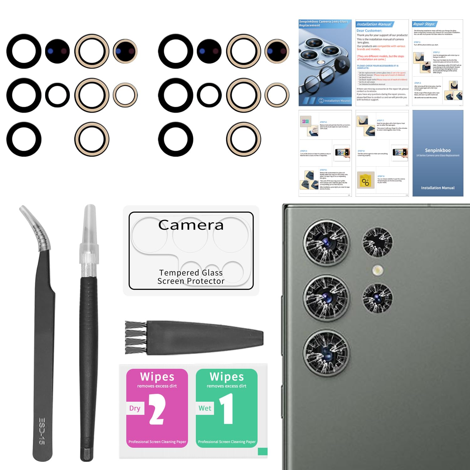 2 Pack Samsung Galaxy S23 Ultra Rear Camera Lens Glass Replacement with Pre-Installed Adhesive - Includes Repair Tools, Installation Manual & Lens Protector for DIY Phone Repair & Protection