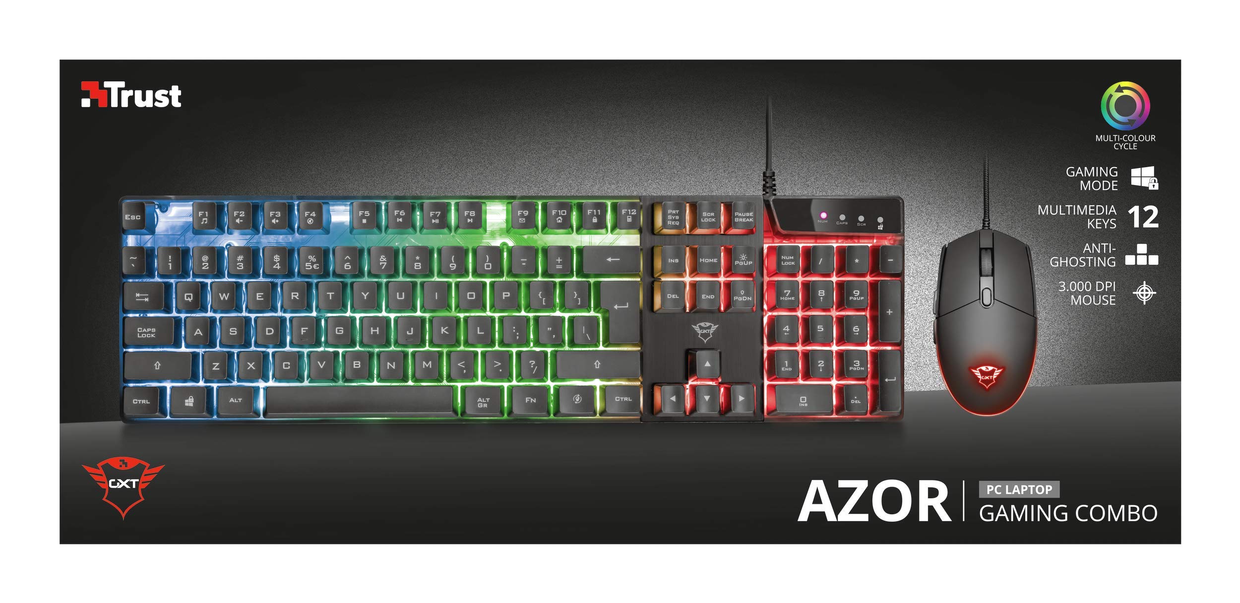 Trust Gaming GXT 838 Azor Gaming Keyboard and Mouse Combo - Italian QWERTY Layout, USB Wired, Anti-Ghosting, RGB Backlit Keyboard, 800-3000 DPI Gaming Mouse - Black | Perfect for PC Gaming, Esports & Office Work