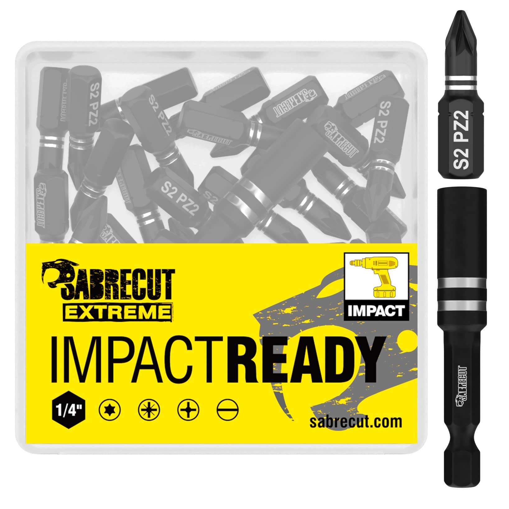 SabreCut SCPA25_41 41-Piece Impact Screwdriver Bit Set - 25mm PZ2 Pozidriv #2 Single-End Heavy Duty Bits with Bit Holder & Storage Case - Ideal for Construction, Automotive, and DIY Projects