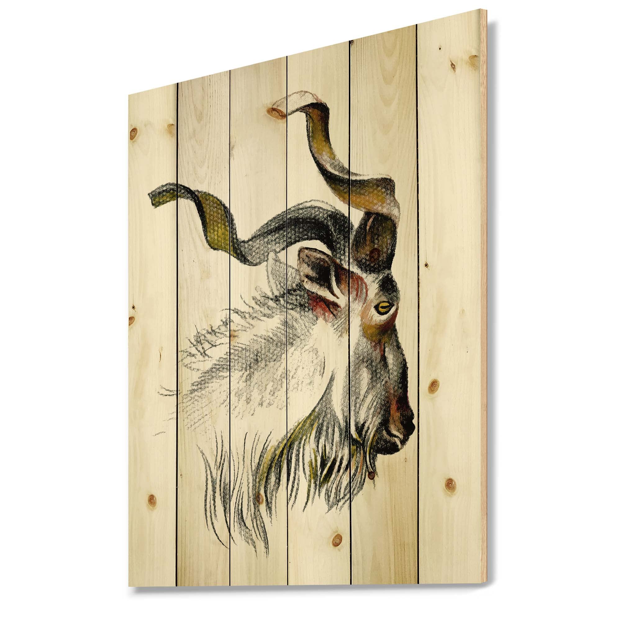 DesignQ Monochrome Goat Portrait II - Farmhouse Wood Wall Decor, Grey Wood Wall Art, Large Animal Wood Panels Printed on Natural Pine - Perfect for Living Room, Bedroom, or Rustic Home Decor