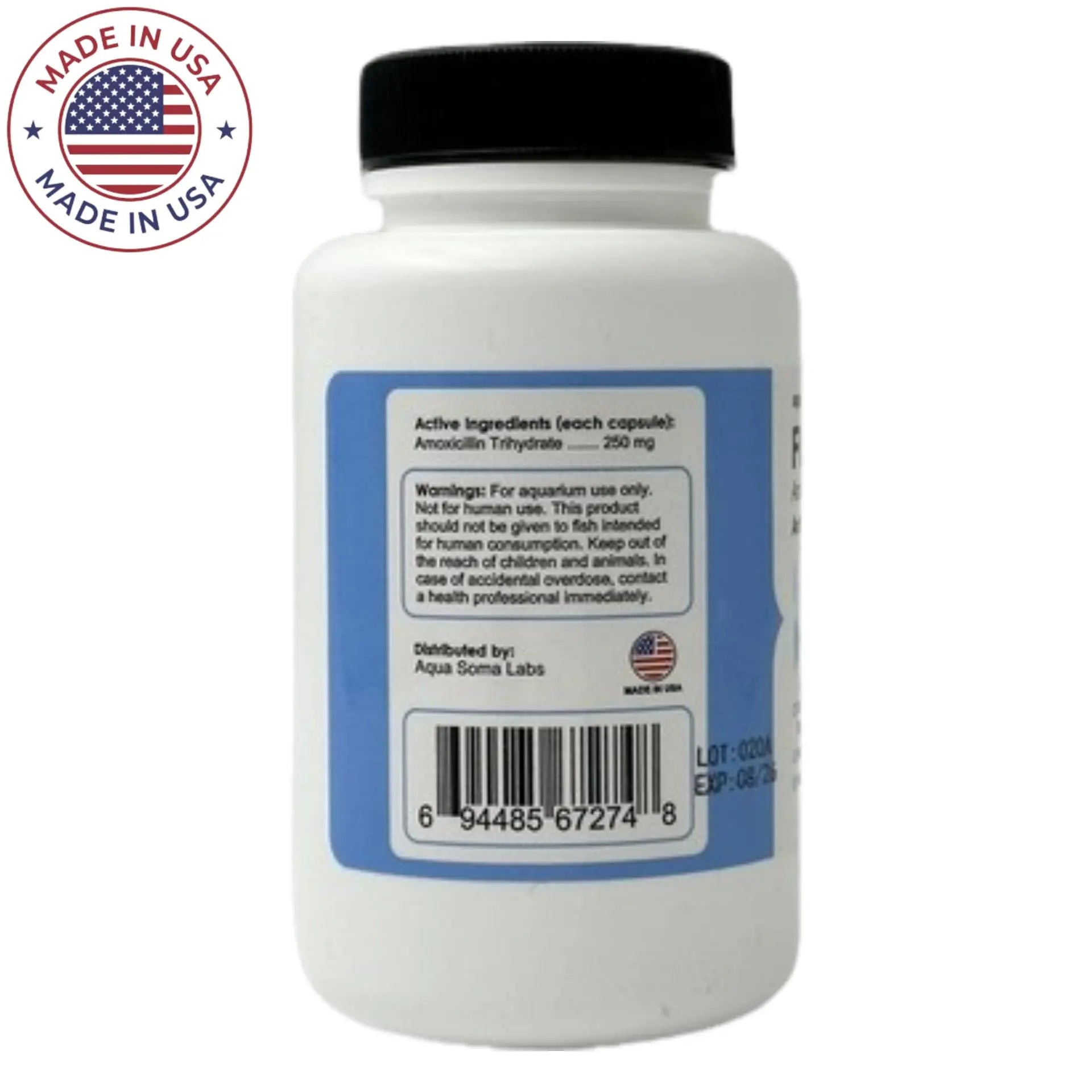 Fish Aid Amoxicillin Antibiotics 250mg - 100 Capsules for Aquarium Fish Treatment | Bacterial Infection Remedy for Tropical & Goldfish | Pond & Tank Use