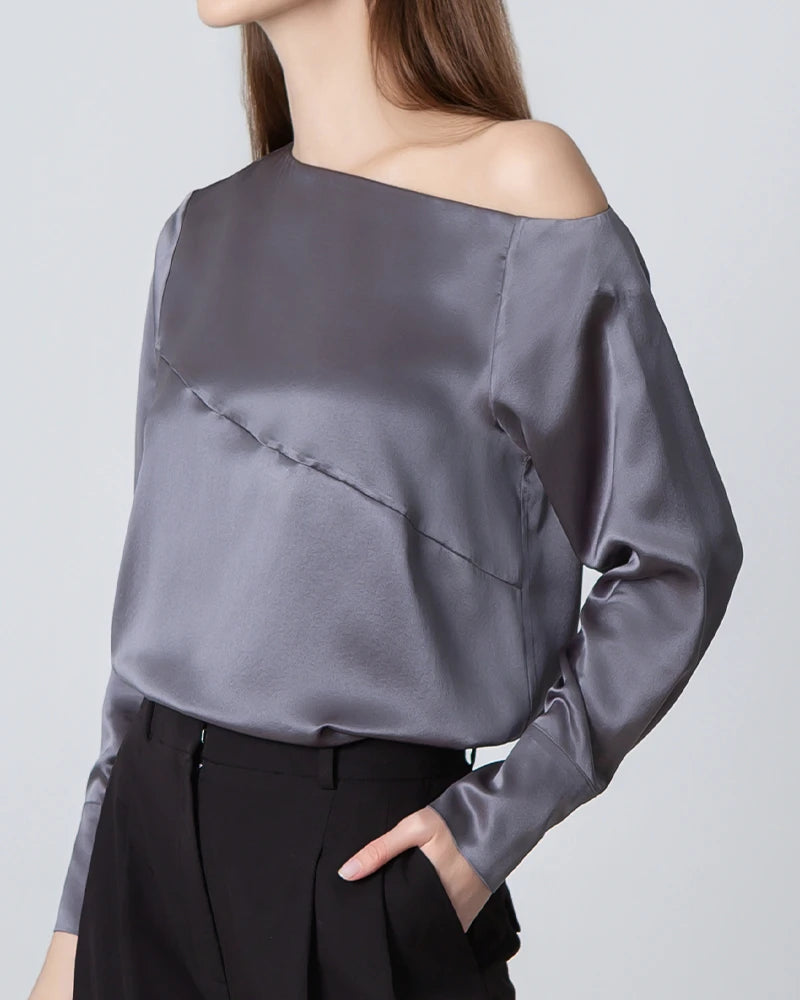 Elegant One Shoulder Long Sleeve Silk Blouse for Women - Luxury Party Wear & Evening Dress - Perfect for Date Nights, Cocktail Parties & Special Occasions