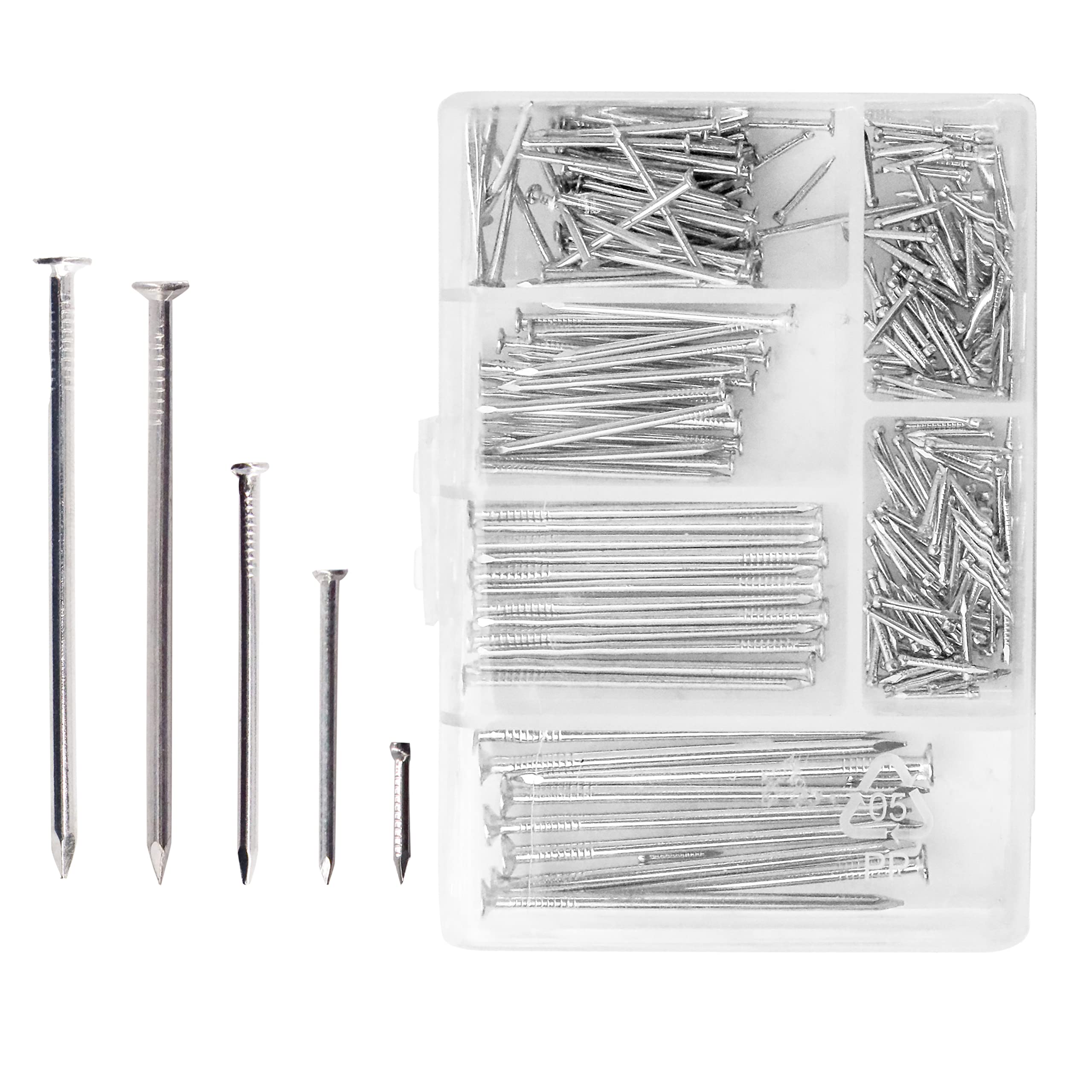 250-Piece Assorted Flat Head Nails Set - Silver Woodworking & Picture Hanging Nails (Long/Medium/Small) for DIY Projects, Home Décor, Furniture Making & Construction - Perfect for Wall Art, Shelves & Crafting