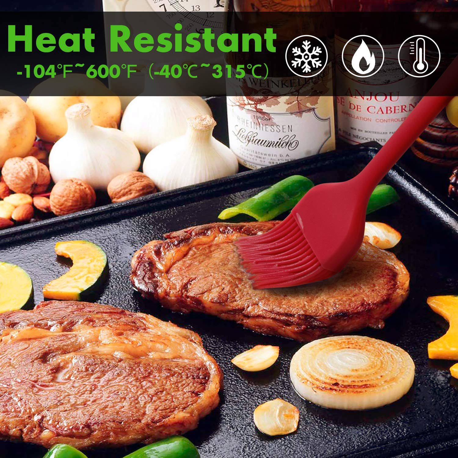 HOTEC Silicone Basting Brushes - Heat Resistant Pastry Brushes for Oil, Butter, Sauce & Marinades - BPA Free & Dishwasher Safe - Perfect for BBQ, Grilling, Baking & Kitchen Cooking (Red, Set of 2)