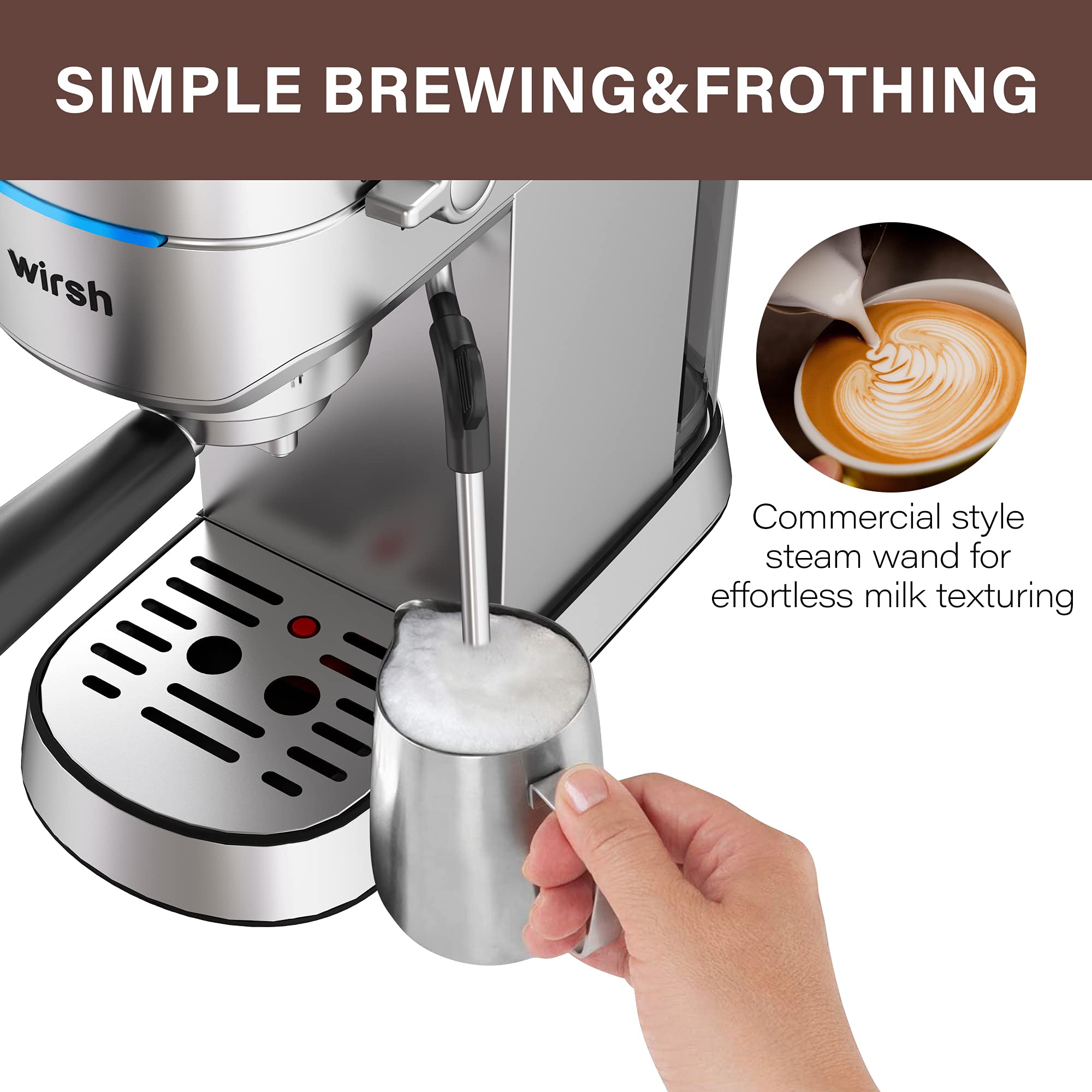 Premium Wirsh Espresso Machine Bundle with 12oz Stainless Steel Milk Frothing Pitcher - Perfect for Home Baristas & Coffee Lovers (Ideal for Lattes, Cappuccinos & Home Cafes)