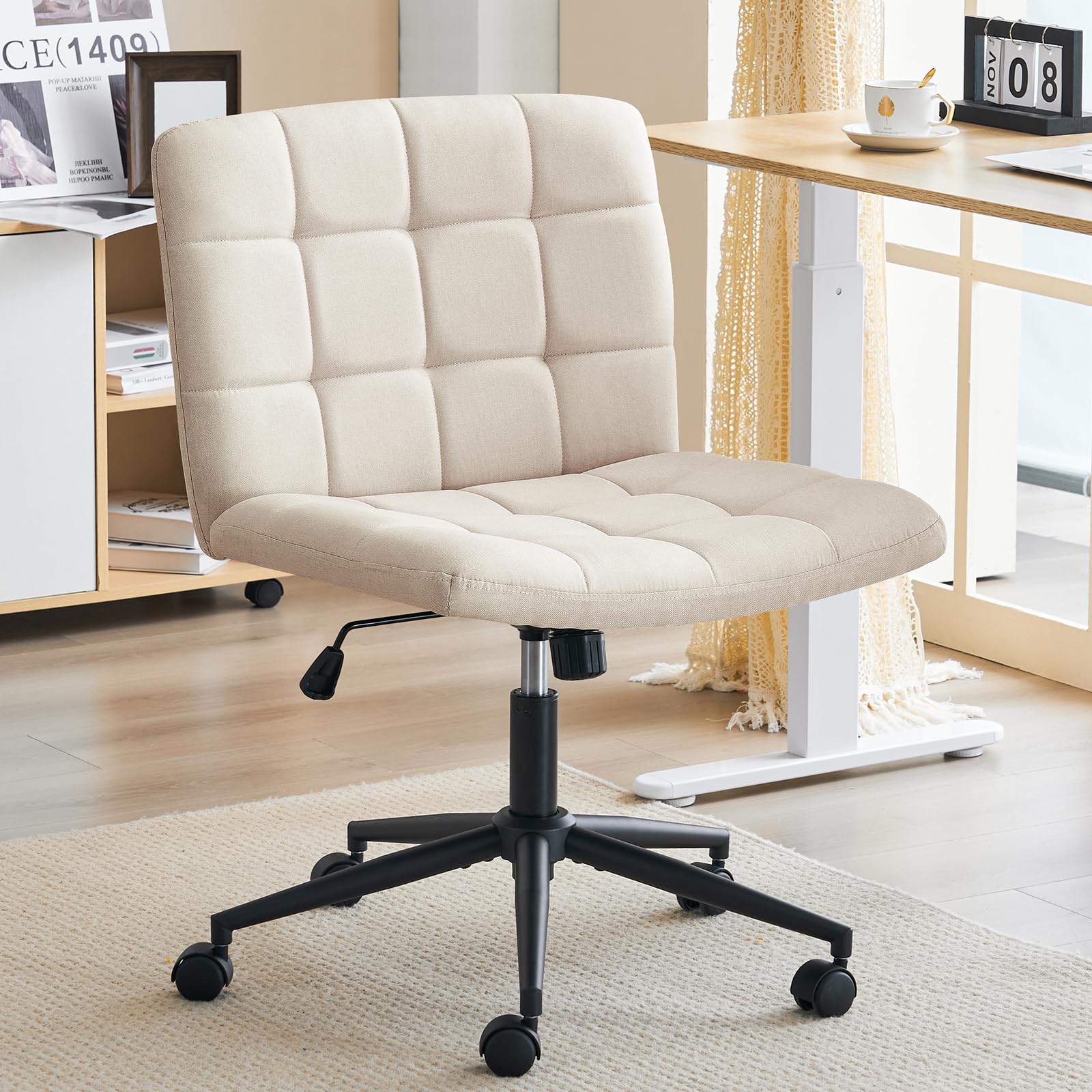 Furnimart Swivel Criss Cross Legged Office Chair with Wheels - Adjustable Height Armless Desk Chair for Home Office, Vanity & Bedroom - Comfortable Beige Seat for Working, Studying & Relaxing