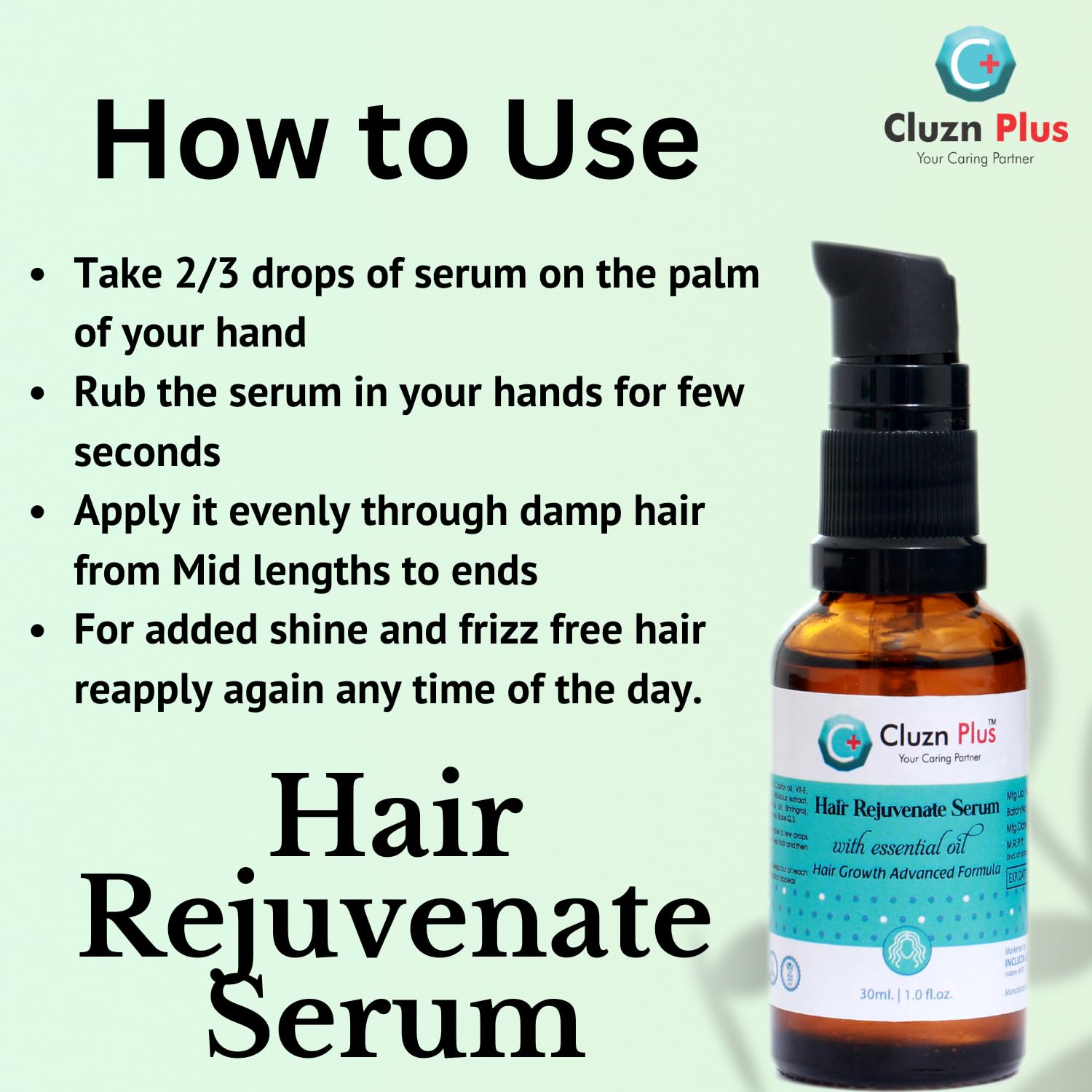 Cluzn Plus Hair Rejuvenate Serum for Women & Girls - 30ml | Essential Oil Enriched with Advanced Hair Growth Formula | Organic Treatment for Hair Loss | Promotes Healthy, Shiny Hair Growth | Perfect for Daily Scalp Care & Thinning Hair Solutions