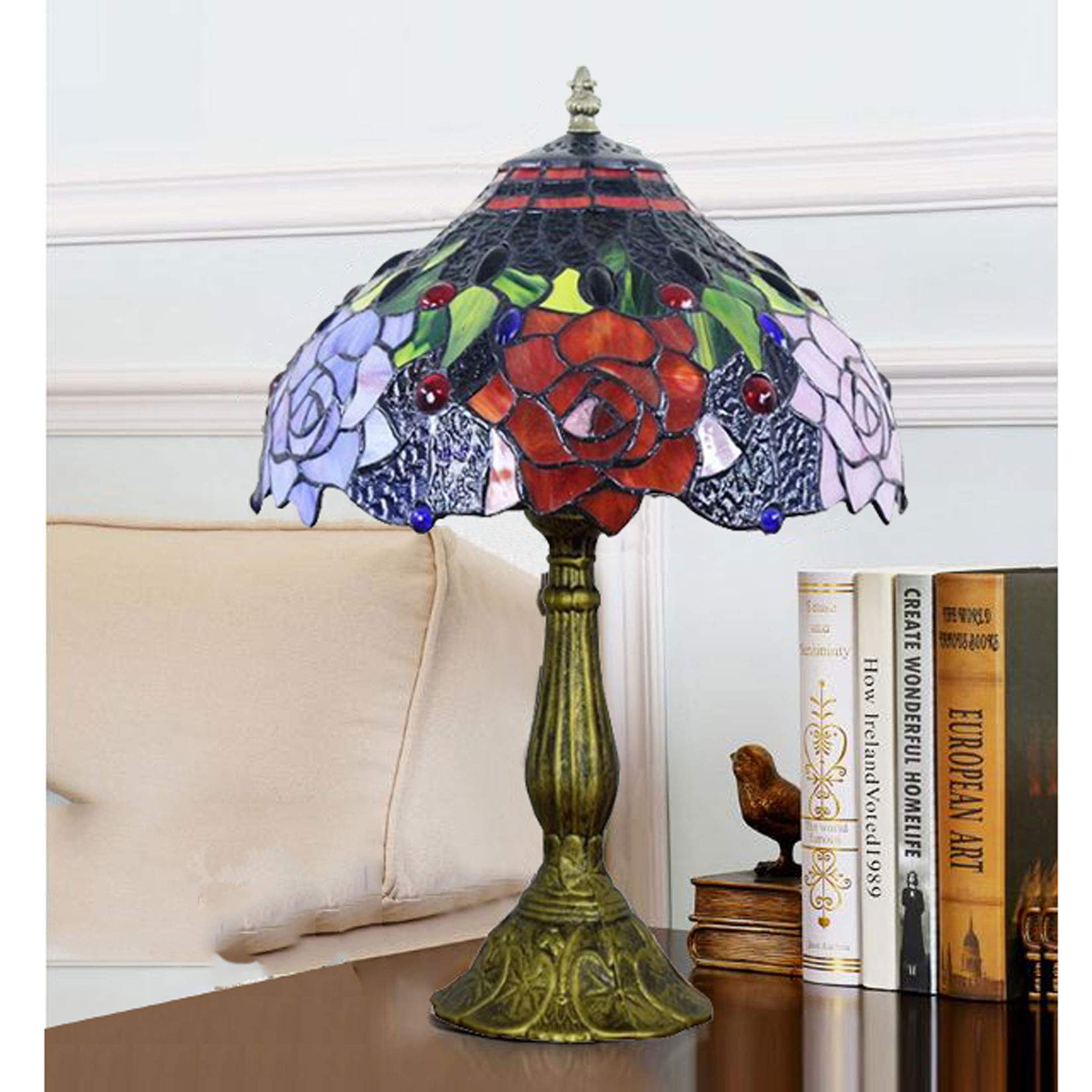 Tiffany Style Stained Glass Table Lamp - 12 Inch Purple Roses Design, Antique Desk Lamp for Living Room, Bedroom, Office | Perfect for Home Decor, Gift & Romantic Ambiance