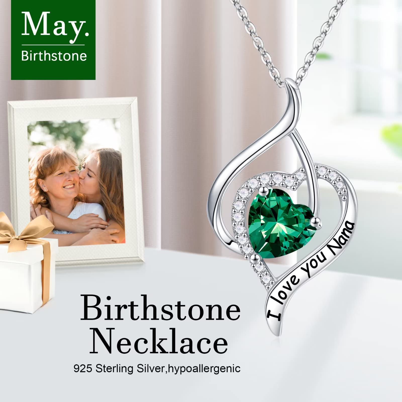 Nana Birthstone Necklace - 925 Sterling Silver Heart Pendant with Created Emerald | Personalized 'I Love You' Jewelry Gift for Grandma | Perfect for Mother's Day, Birthday & Anniversary Gifts
