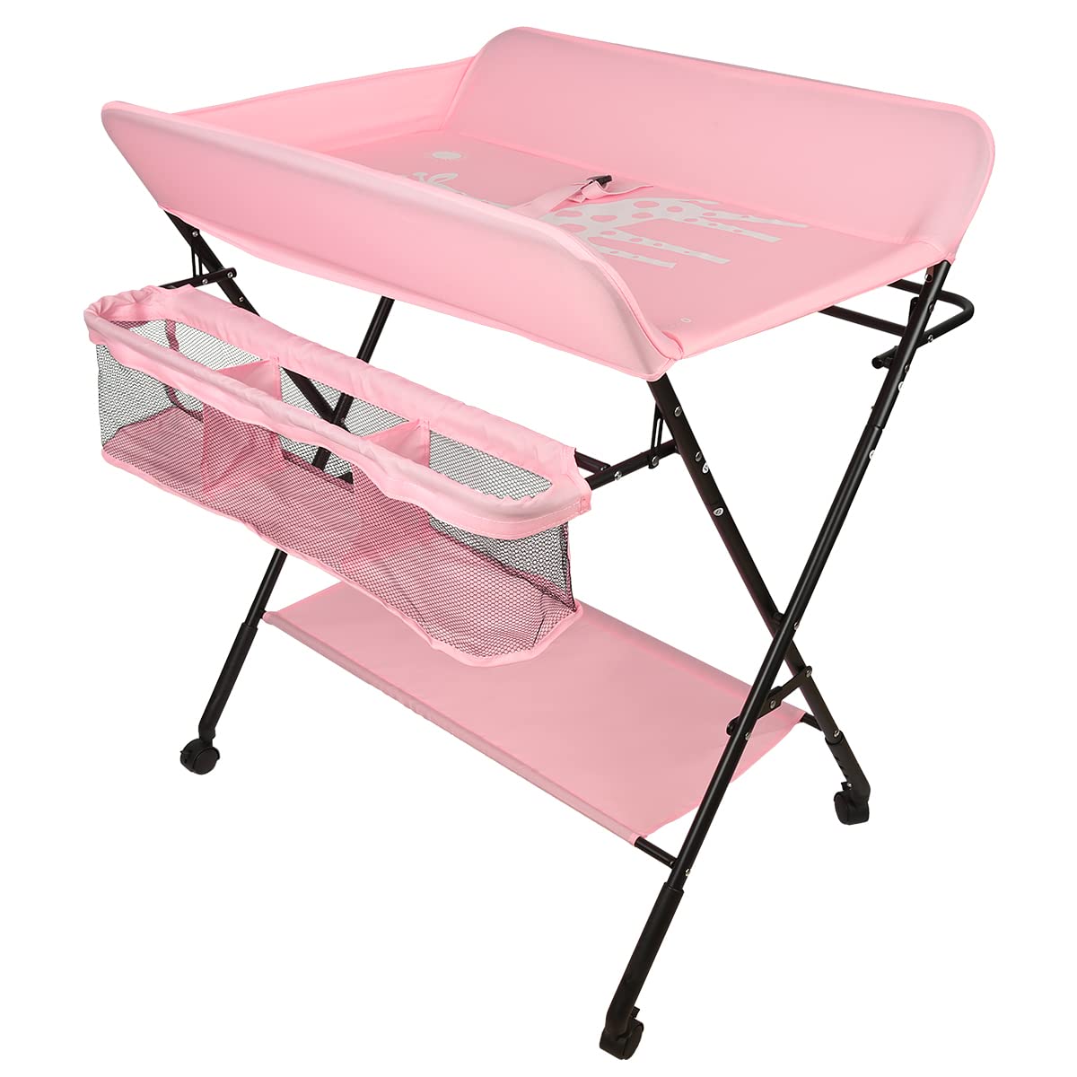 Adjustable Height Folding Baby Changing Table with Storage Basket & Wheels - Portable Nursery Diaper Station for Newborns & Toddlers (Pink) - Perfect for Small Spaces, Daycare & Travel Use