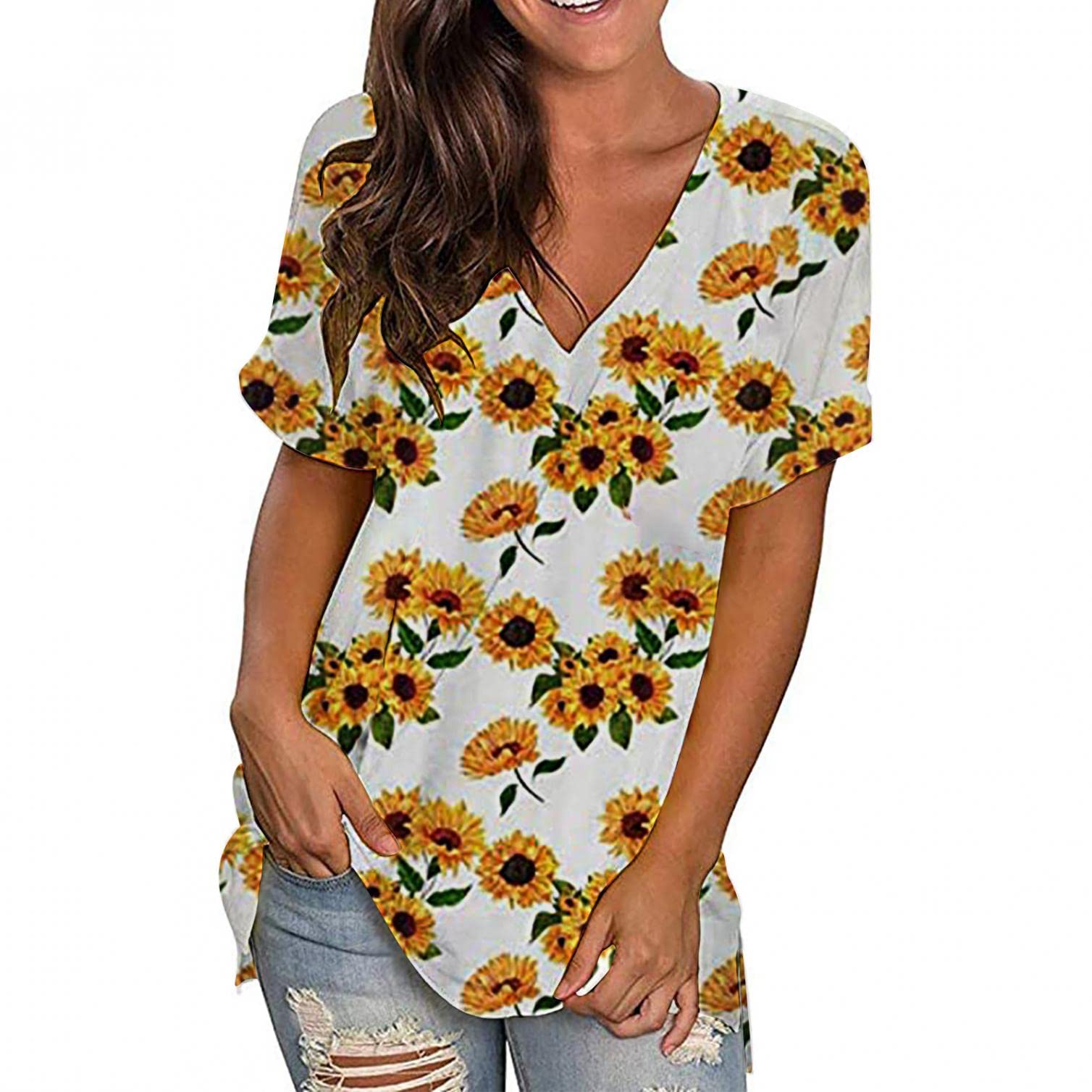 Women's Summer Short Sleeve V-Neck T-Shirts - Lace Casual Tops, Loose Comfort Fitting Blouse for Everyday Wear, Beach Outings & Date Nights