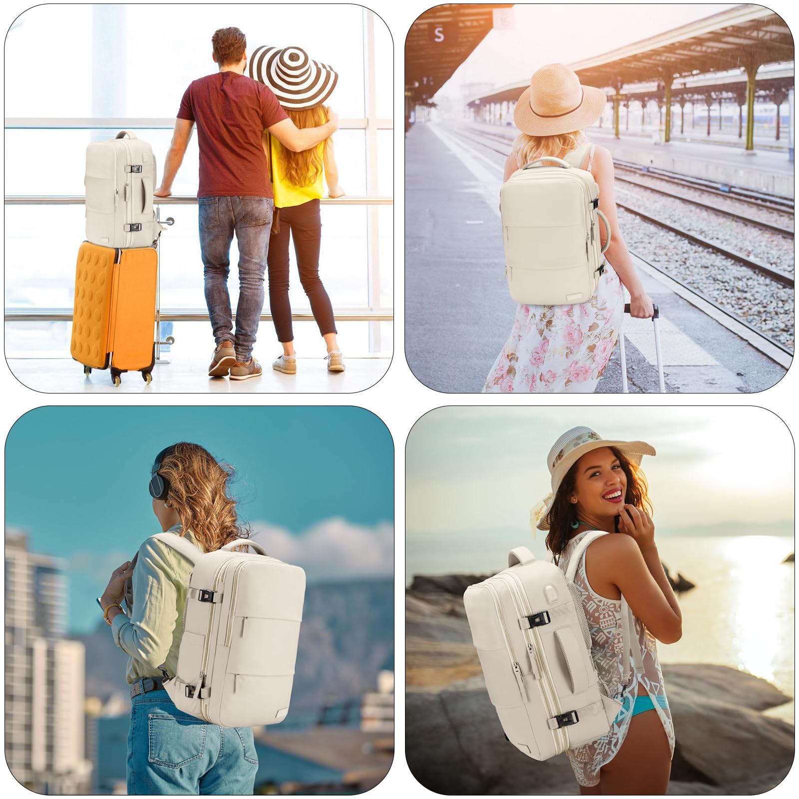 **Extra Large Expandable Carry On Backpack - TSA Approved Water Resistant Lightweight Travel Backpack for Men & Women - Perfect for Airplane, Weekender & Day Trips (Beige with 4 Packing Cubes Included)**