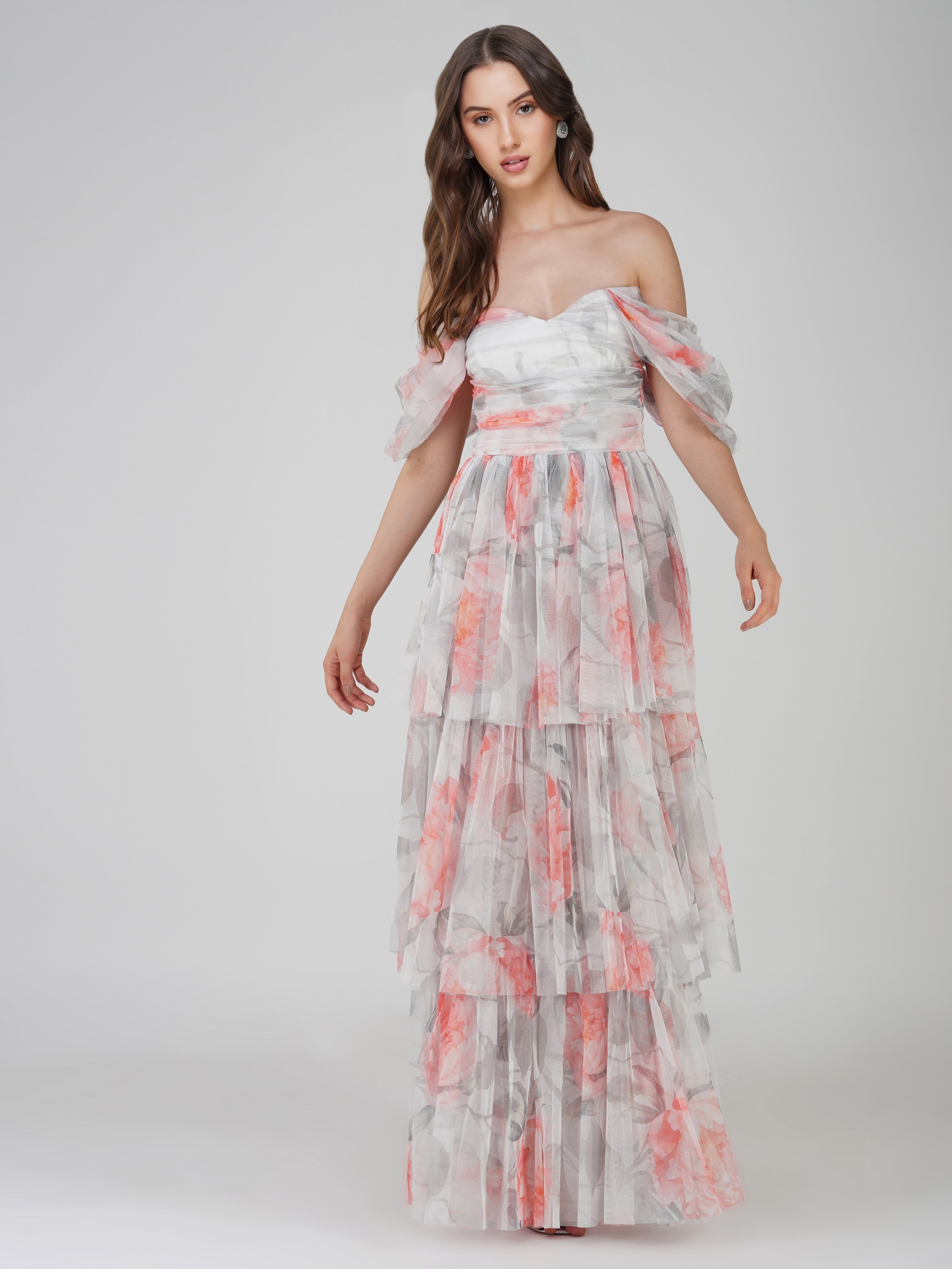 Peach Floral Sydney Tulle Maxi Dress - Elegant Long Formal Gown for Weddings, Prom, Evening Parties & Special Occasions