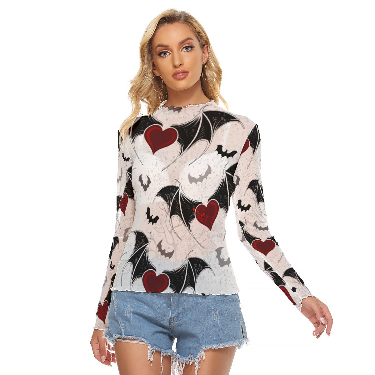 Bats and Hearts Women's Mesh T-Shirt - Gothic Graphic Tee for Casual Wear, Halloween Outfits & Street Style Fashion