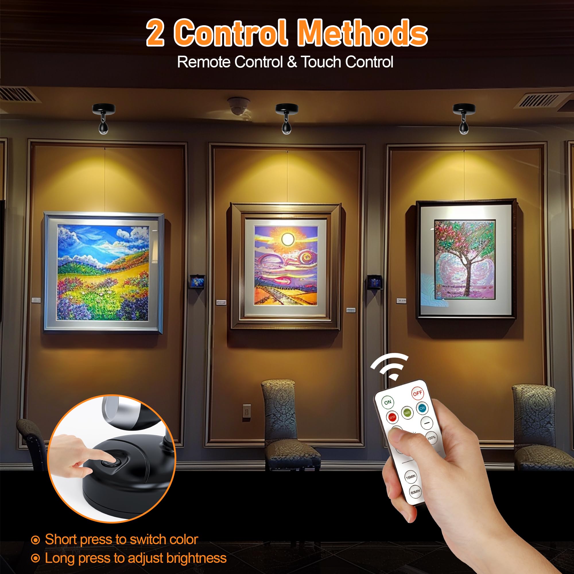 4 Pack Wireless LED Spotlights Indoor - Battery Operated Picture Lights with Remote Control for Artwork, Plants, Dartboard & Home Decor - Perfect for Accent Lighting, Display Cases and Gallery Walls