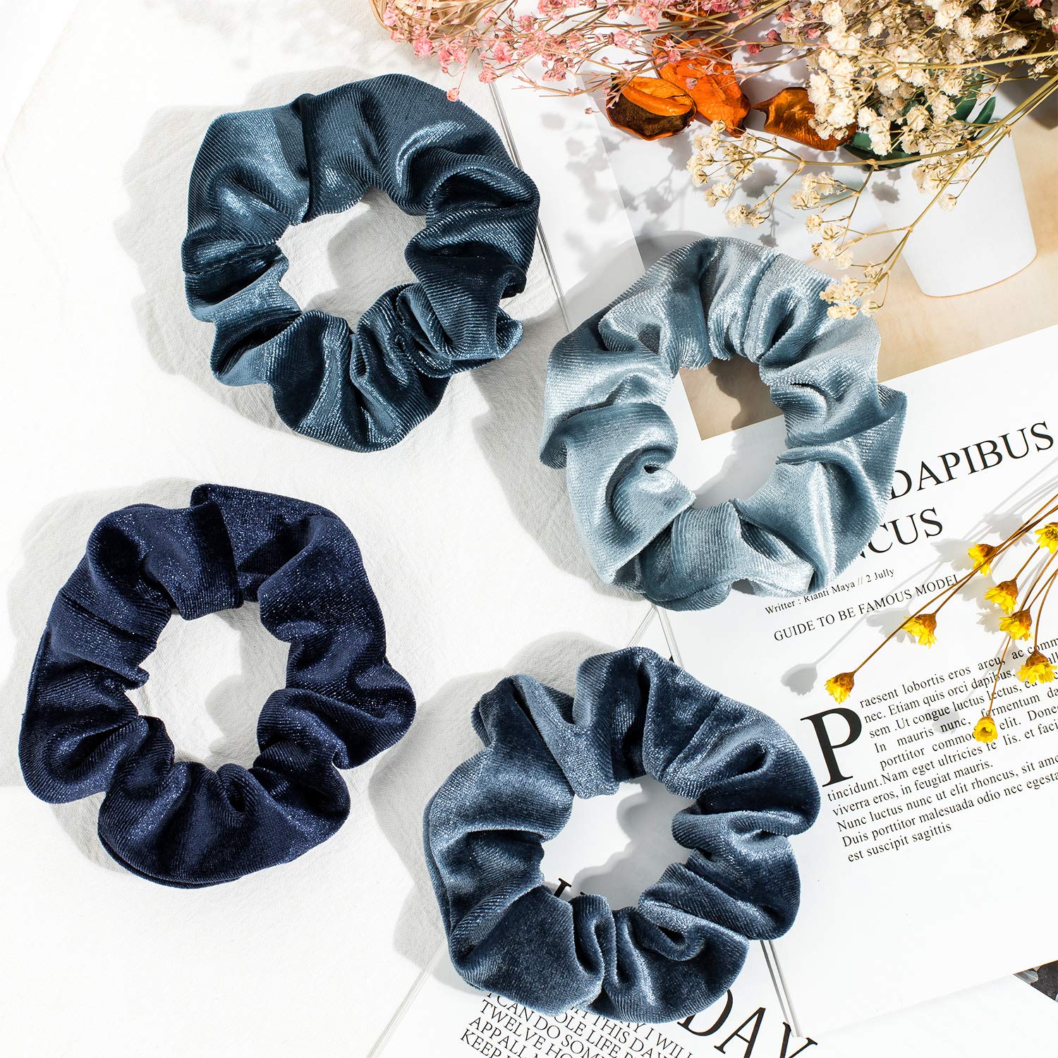 Whaline 12Pcs Blue Gray Velvet Hair Scrunchies - Soft Elastic Hair Ties for Women & Girls - Perfect for School, Work, Gym, and Everyday Styling