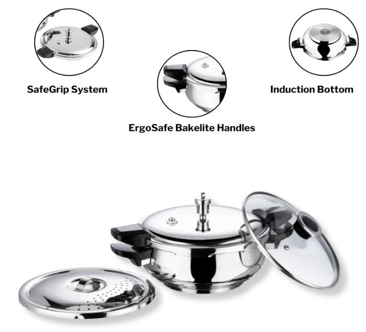 Vinod Magic Stainless Steel Smart 3-in-1 Pressure Cooker 5.5L (5mm Thick Base) - All-in-One with Strainer & Glass Lid - Induction & Gas Compatible - ISI Certified - Perfect for Fast Cooking, Meal Prep & Indian Cuisine