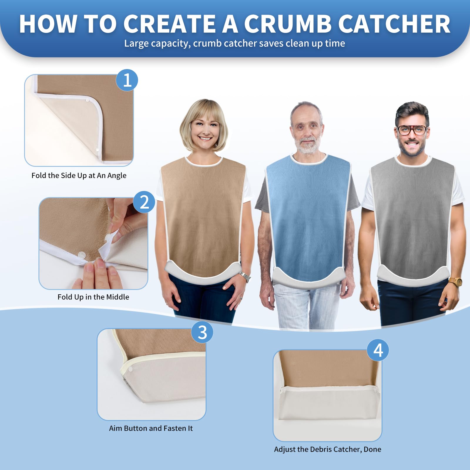 Waterproof Reusable Adult Bibs for Men, Women & Elderly - 3 Pack Adjustable Washable Clothing Protector with Crumb Catcher (Blue, Grey, Brown) - Ideal for Dining, Nursing Homes & Disability Care