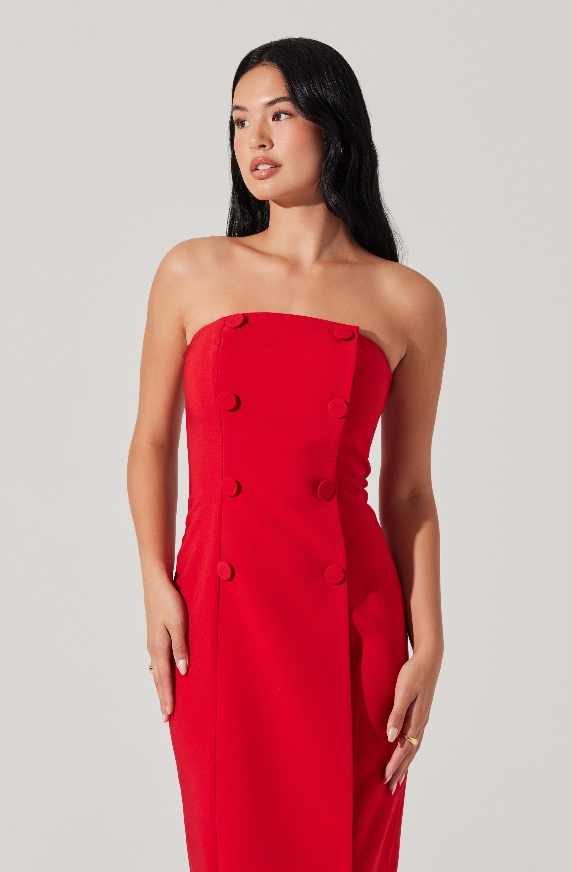 Strapless Double Breasted Midi Dress for Women - Elegant Formal & Cocktail Party Wear - Perfect for Weddings, Evening Events & Date Nights