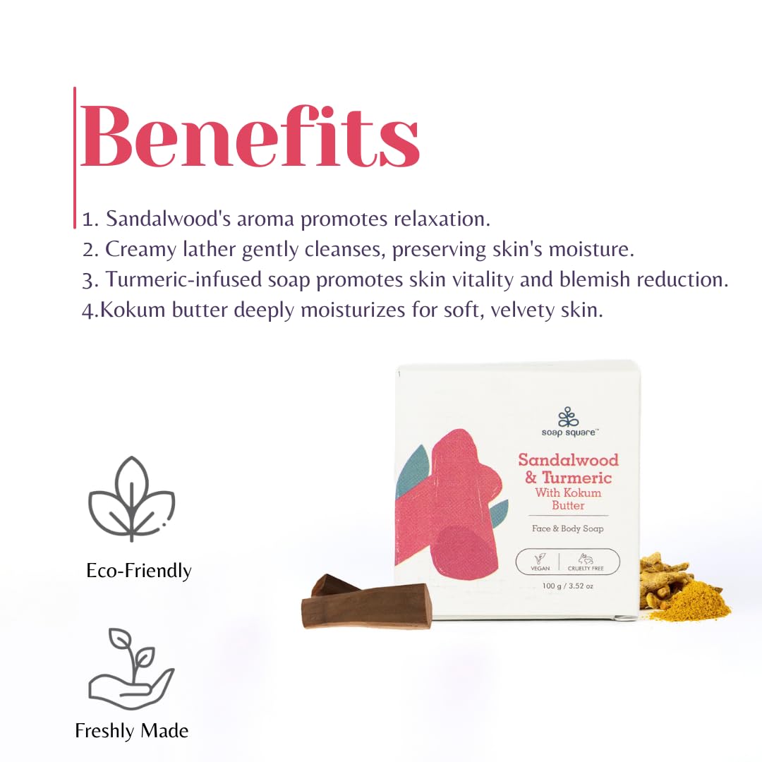 Organic Sandalwood & Turmeric Soap with Kokum Butter - SLS Free, Paraben Free, Cruelty-Free, Vegan, Handmade in India (100g) - Perfect for Sensitive Skin Care & Natural Gift Sets
