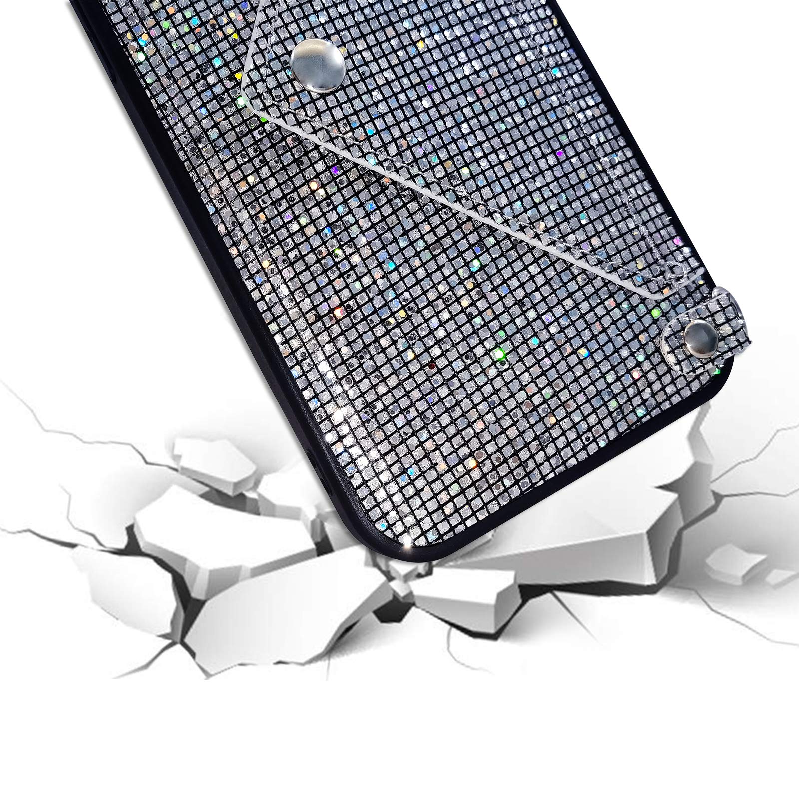 Sparkly Diamond Sequins iPhone 12 Case for Women - Glitter Bling Wallet Case with Credit Card Holder & Detachable Crossbody Chain - Hard PC Protective Back Cover with Stand Feature (Black) | Perfect for Parties, Dating & Everyday Fashion Accessory