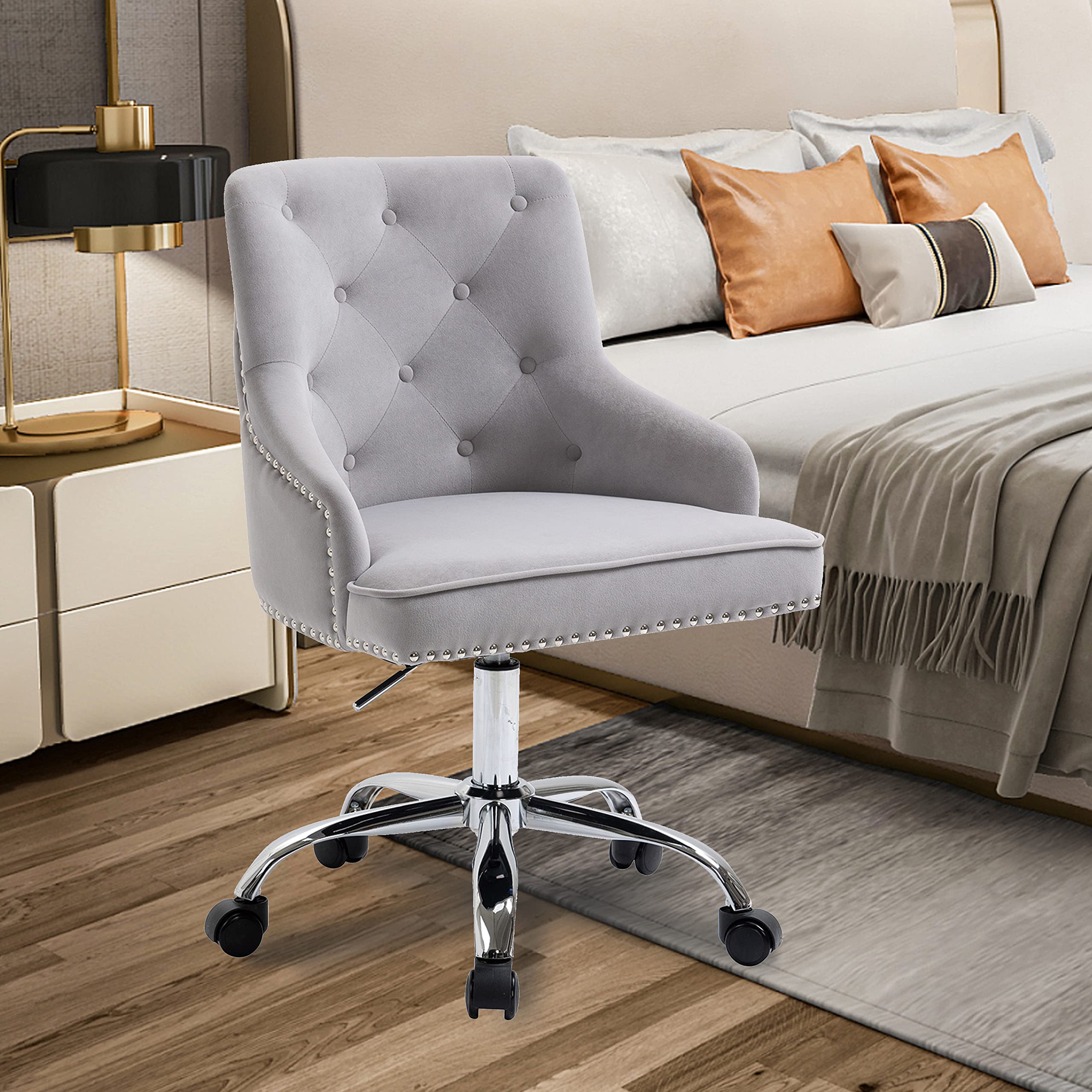 MTFY Modern Velvet Desk Chair - Ergonomic Home Office Chair for Women & Girls, 360° Swivel Computer Chair with Upholstered Seat & Metal Legs, Perfect for Bedroom, Living Room & Vanity Area | Study, Work & Makeup Station
