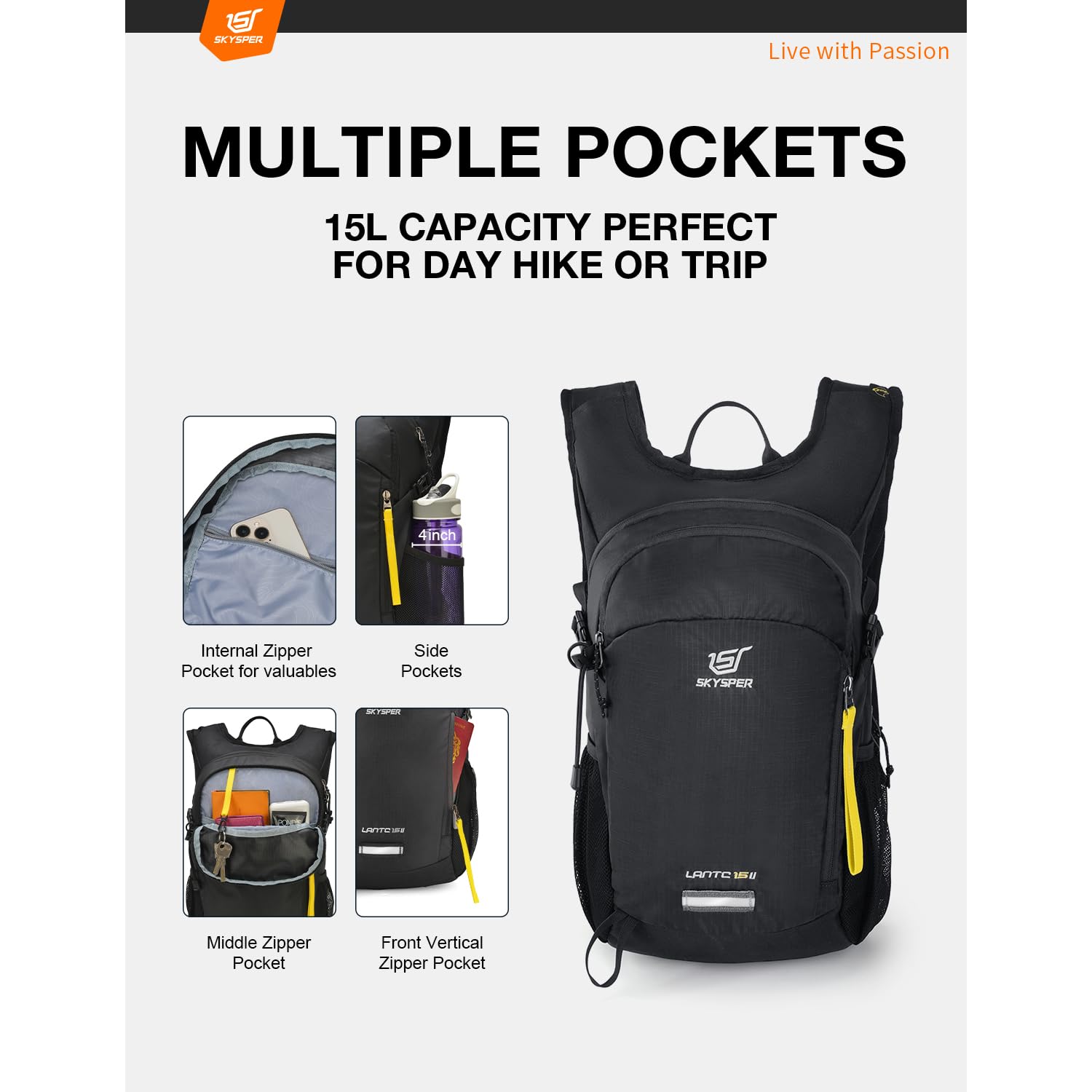 SKYSPER 15L Lightweight Hiking Backpack - Breathable Travel Daypack for Camping, Walking & Outdoor Adventures - Perfect for Women & Men | Great for Day Trips, Commuting & Weekend Getaways
