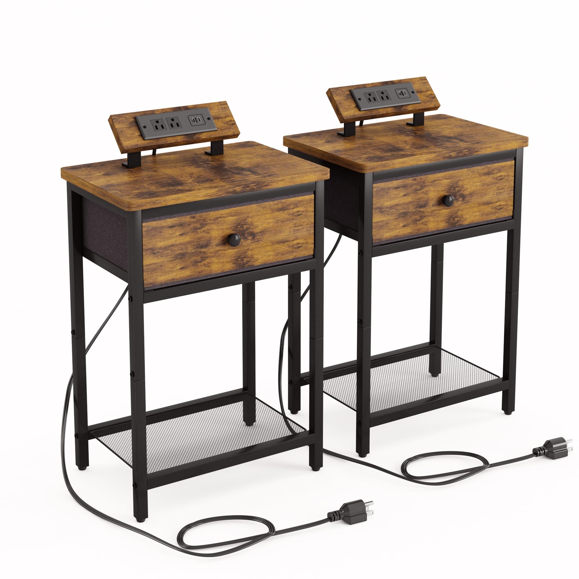 Fixwal Nightstand Set of 2 with Charging Station - USB Ports & Outlets, Rustic Brown Bedside End Tables with Fabric Drawer for Bedroom - Perfect for Small Spaces, Apartment Living & Guest Rooms