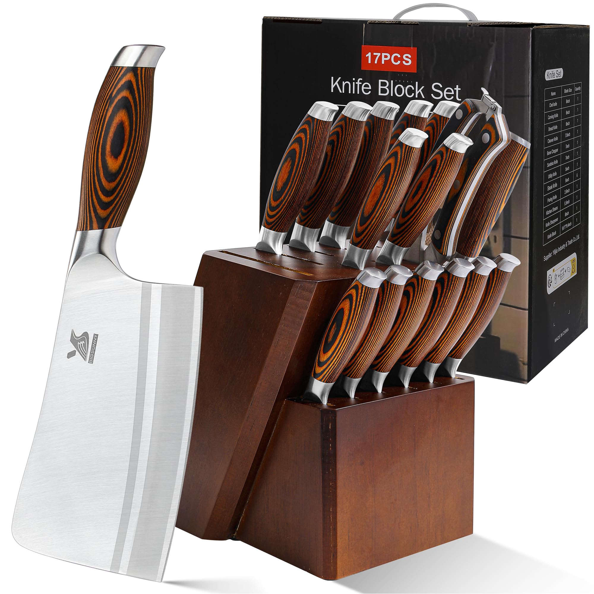 MSY BIGSUNNY 17-Piece German Steel Knife Set with Wooden Block - Professional Kitchen Cutlery Set for Chefs & Home Cooking - Perfect Gift for Weddings & Housewarming