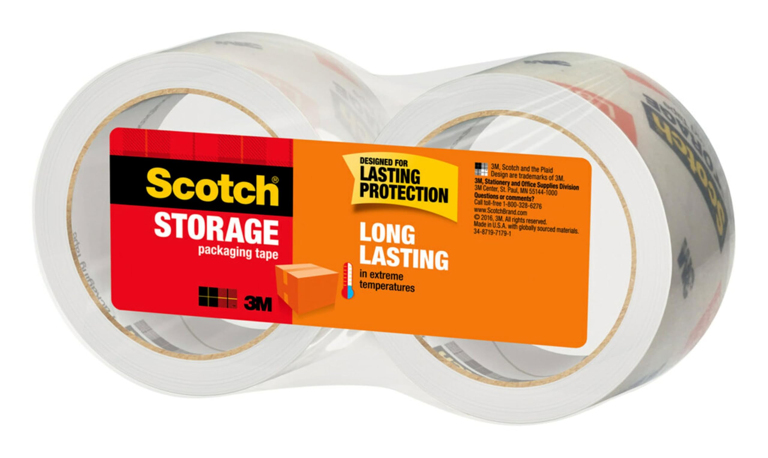 Scotch Long Lasting Storage Packing Tape - Clear, 1.88 in x 54.6 yd, 2 Rolls - Heavy Duty Adhesive for Moving Boxes, Sealing Packages & Organizing Christmas Decorations