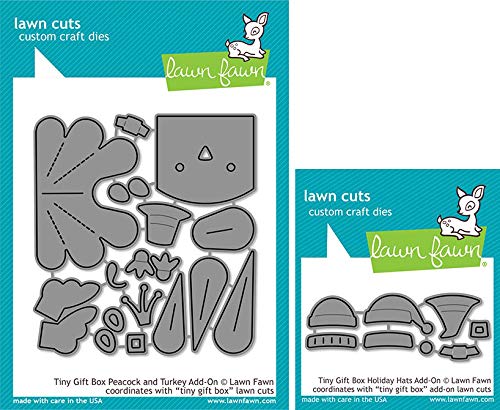 Lawn Fawn Tiny Gift Box Add-ons - Peacock/Turkey & Holiday Hats - 2 Piece Set for DIY Greeting Cards & Scrapbooking Projects