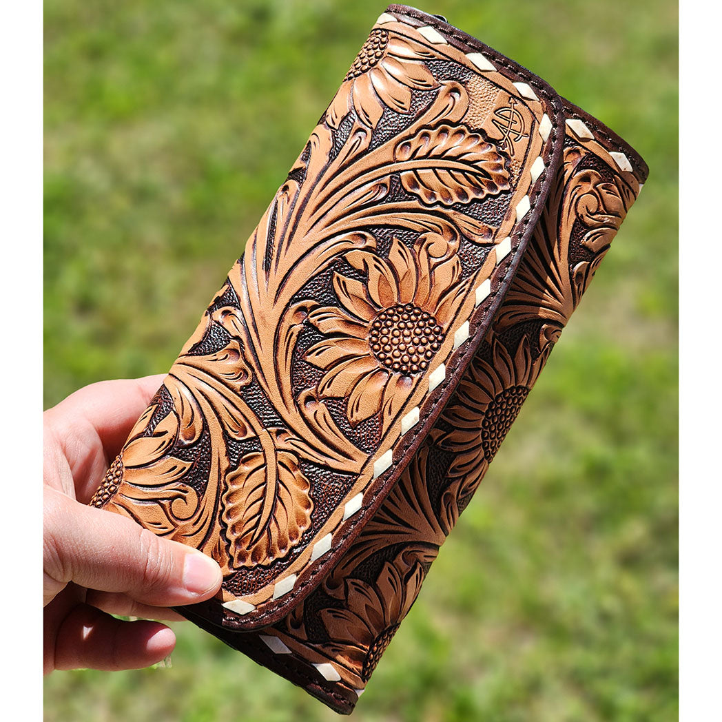 American Darling Sunflower Tooled Leather Clutch Wallet for Women - Stylish Crossbody Purse with Card Slots - Perfect for Parties, Date Nights & Everyday Use