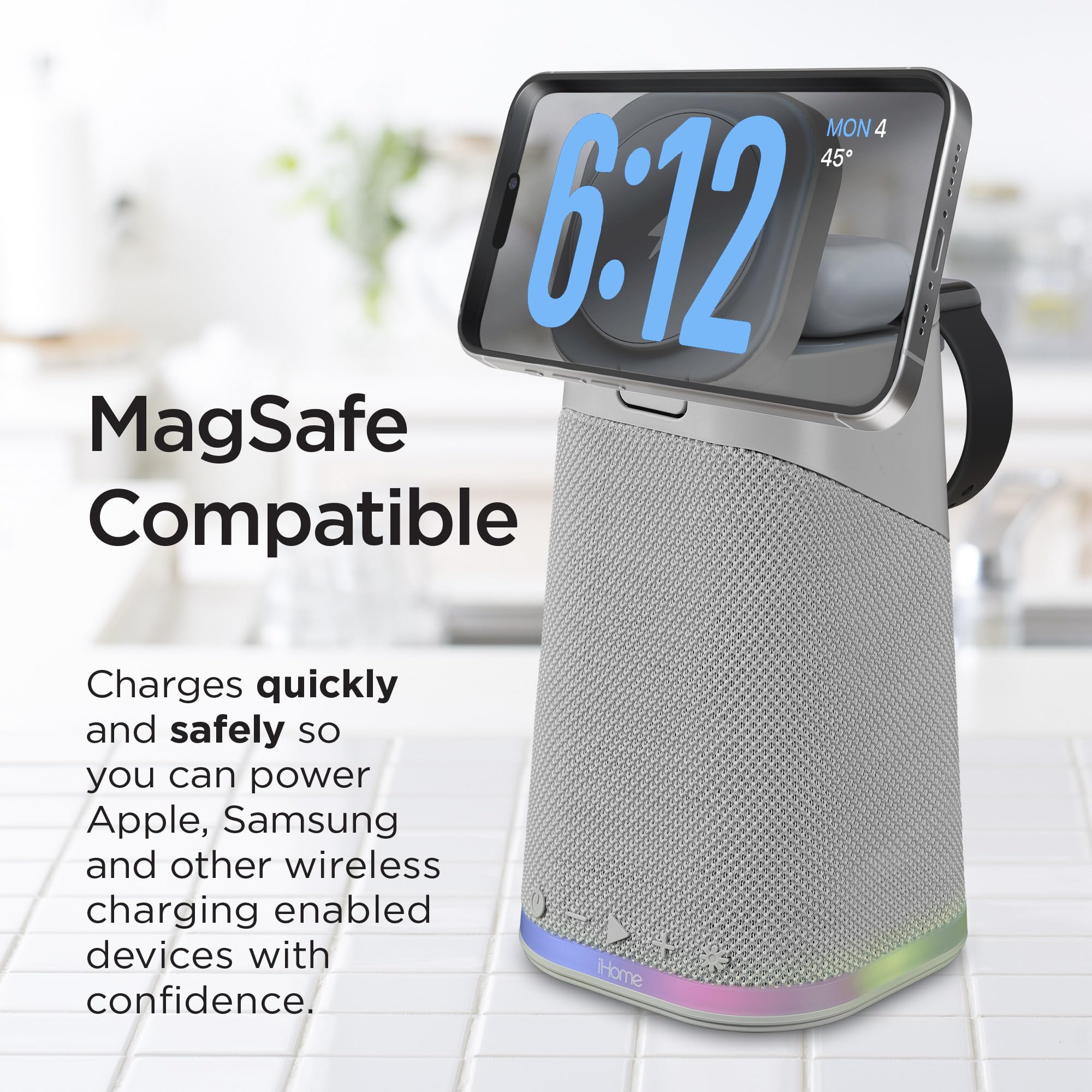 iHome Wireless Charger with Apple Watch Charger, AirPods Charging, Bluetooth Speaker & Color Changing Night Light - 3-in-1 Charging Station for iPhone, Smartwatch & Earbuds - Perfect for Bedroom, Office & Travel (Grey, Model iPBT70G)