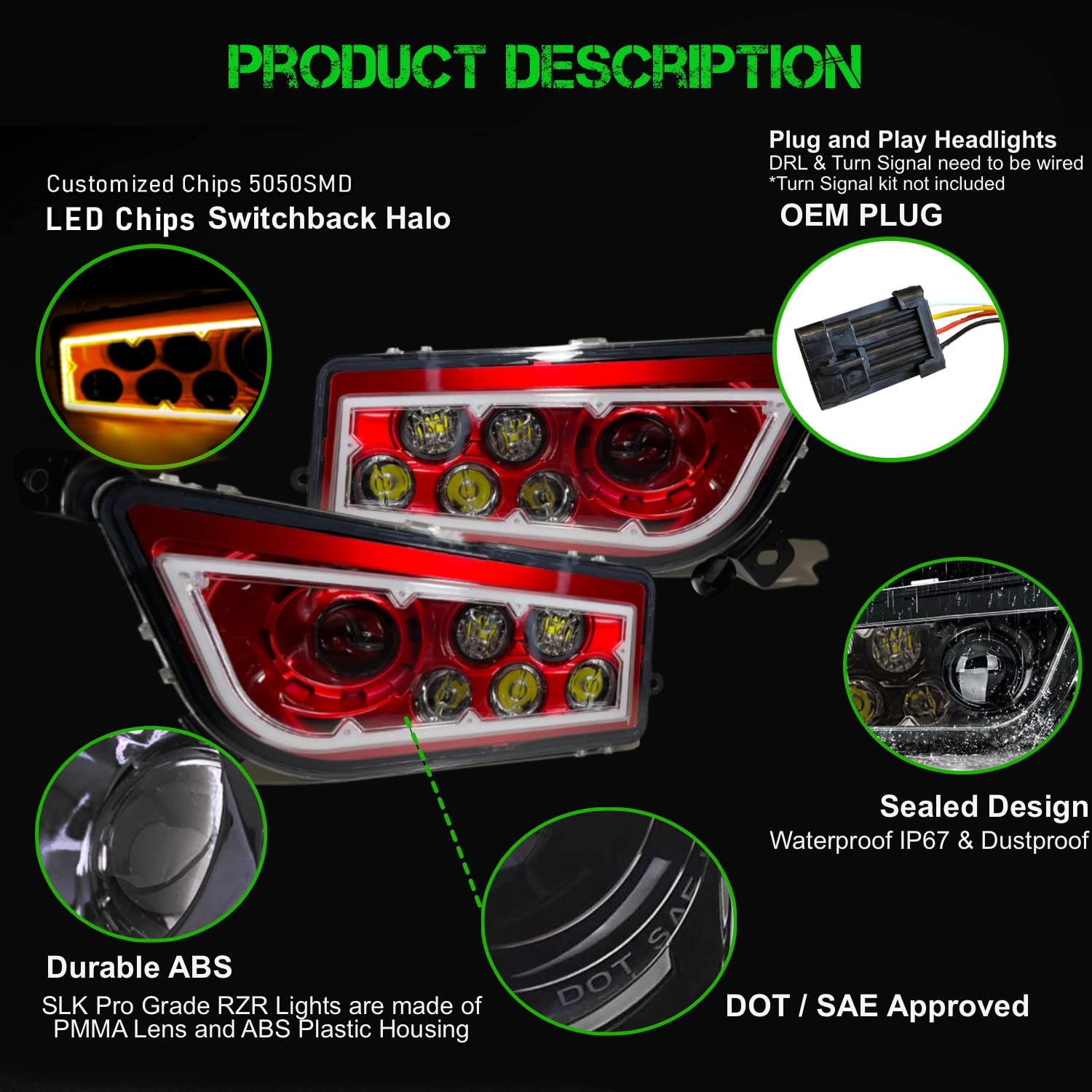 SLK-Lights PREMIUM RED Razor RZR LED Headlight Halo Turn Signal Kit - Street Legal for 2015-2021 Models - Red Dual Color SwitchBack Halo White/Amber - Perfect for Off-Roading, Night Driving & Custom UTV Upgrades
