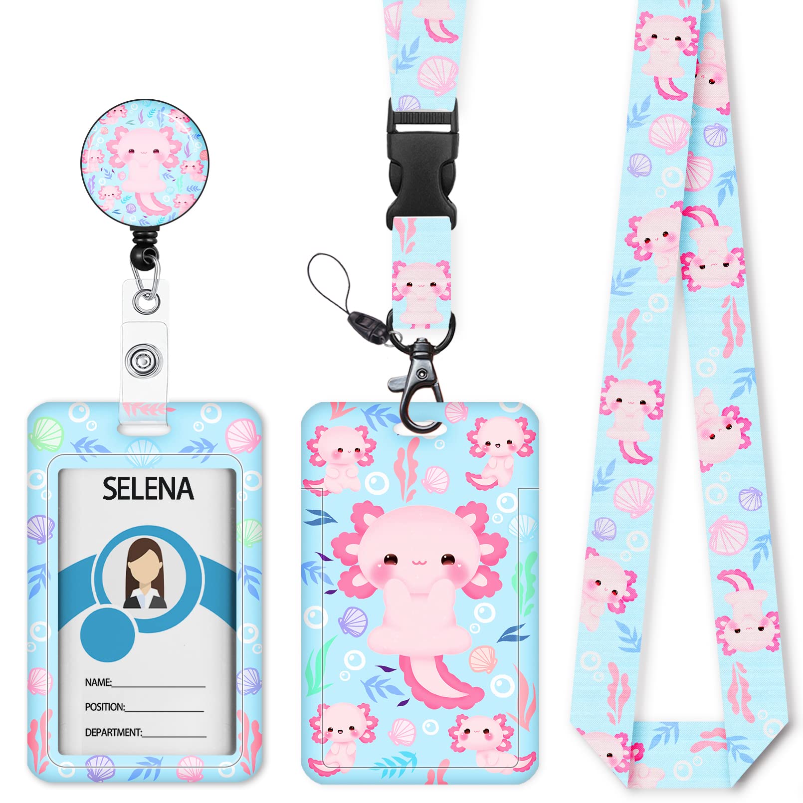 Axolotl ID Badge Holder with Breakaway Lanyard - Cute Retractable Badge Reel for Teachers, Nurses & Office Use