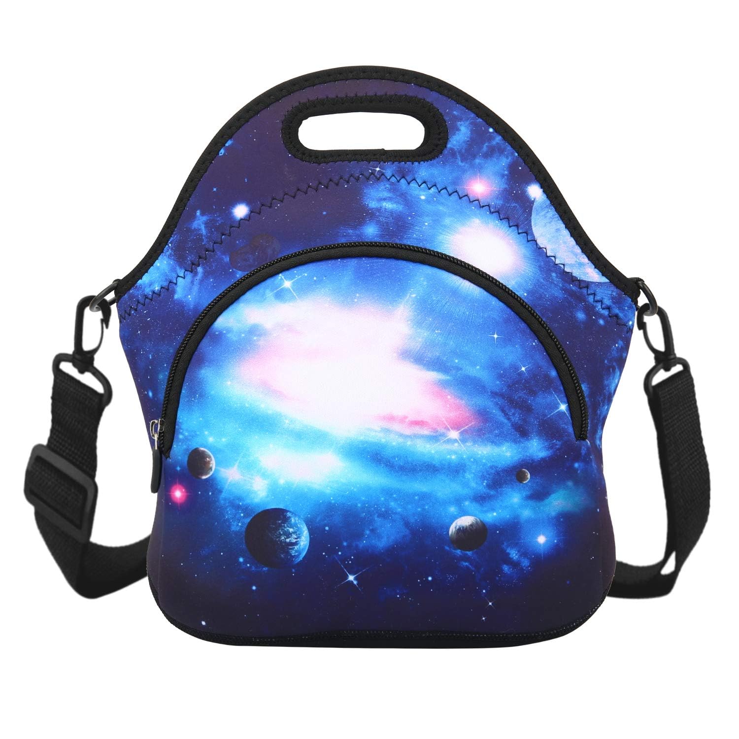 Violet Mist Insulated Neoprene Lunch Bag for Women & Men - Thermal Lunch Tote with Adjustable Shoulder Strap, Extra Pocket & Detachable Design | Perfect for Office, School, Picnics & Outdoor Activities | Galaxy Space Blue Star Sky Pattern