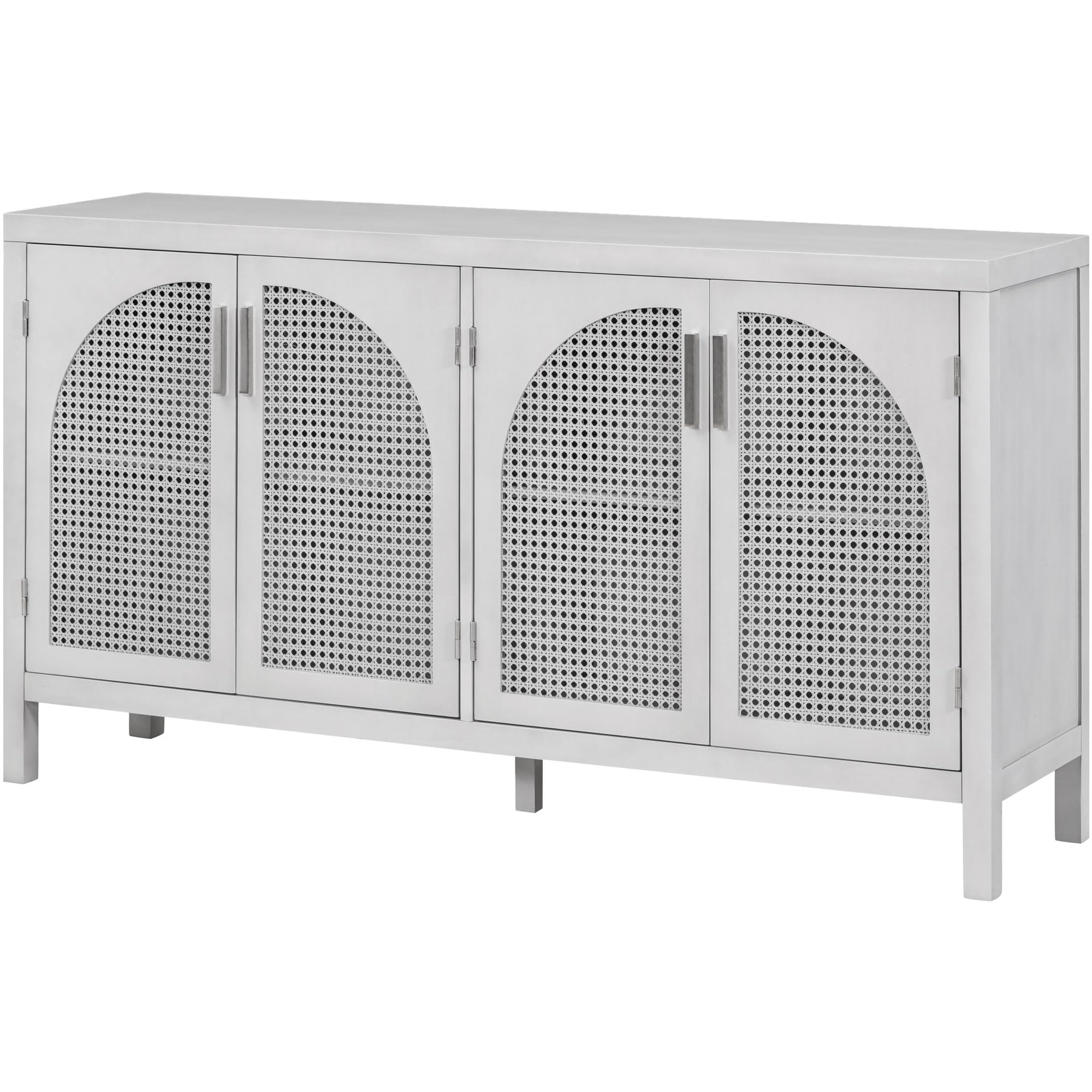 Modern Gray Wooden Sideboard with Artificial Rattan Doors & Metal Handles - 4-Door Storage Cabinet with Adjustable Shelf, Stylish Console Table for Dining Room, Living Room & Entryway - Perfect for Home Organization & Decor