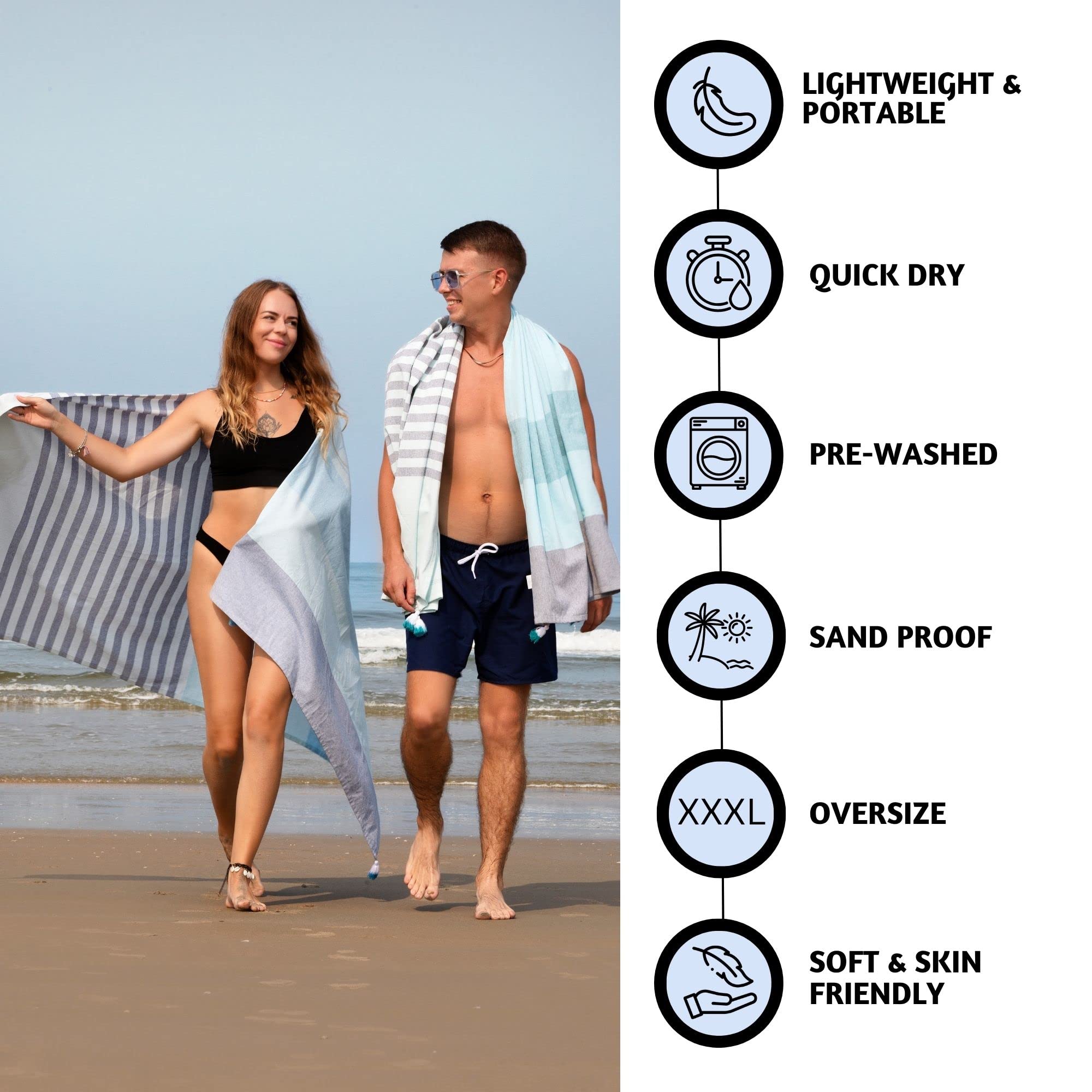 Folkulture Oversized Striped Beach Towel 40x72 - Quick Dry, Sandproof, Includes Tote Bag - Perfect for Pool, Beach, Vacation & Outdoor Activities