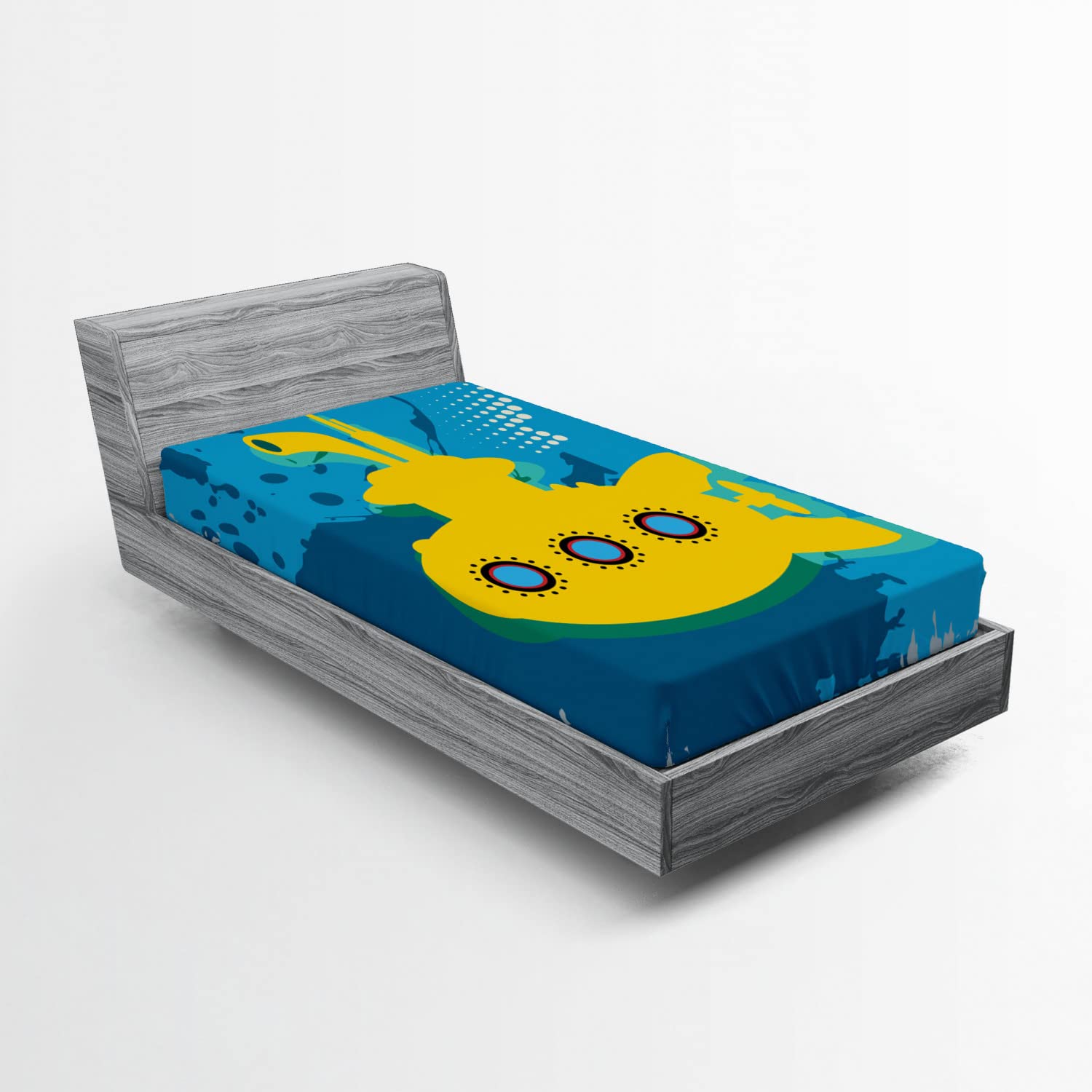 Ambesonne Yellow Submarine Fitted Sheet - Underwater Submarine & Bubbles Print Twin Size Deep Pocket Bed Cover - Mustard & Petrol Blue - Perfect for Kids' Rooms, Nautical Themed Bedrooms & Unique Gift Ideas