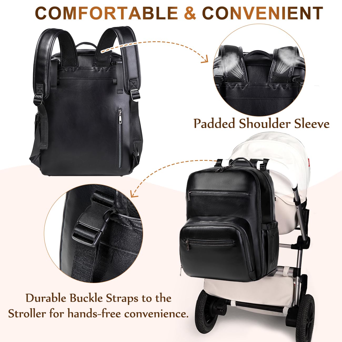 VASCHY Large Waterproof Vegan Leather Diaper Backpack for Parents - Unisex Baby Bag with Changing Pad, Insulated Pockets & Laptop Sleeve | Perfect for Travel, Daycare & Family Outings (Black)