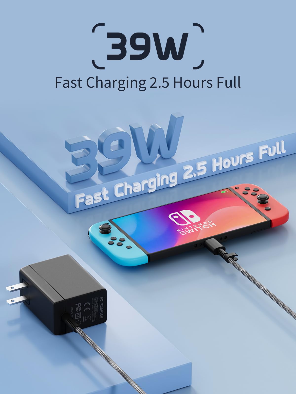 Nintendo Switch Charger [2 Pack] - 15V/2.6A AC Power Adapter with 5.5FT Cable for Switch/Switch Lite/Switch OLED/Dock - Fast Charging for TV Mode & Portable Gaming - Perfect for Travel, Home & On-the-Go Use