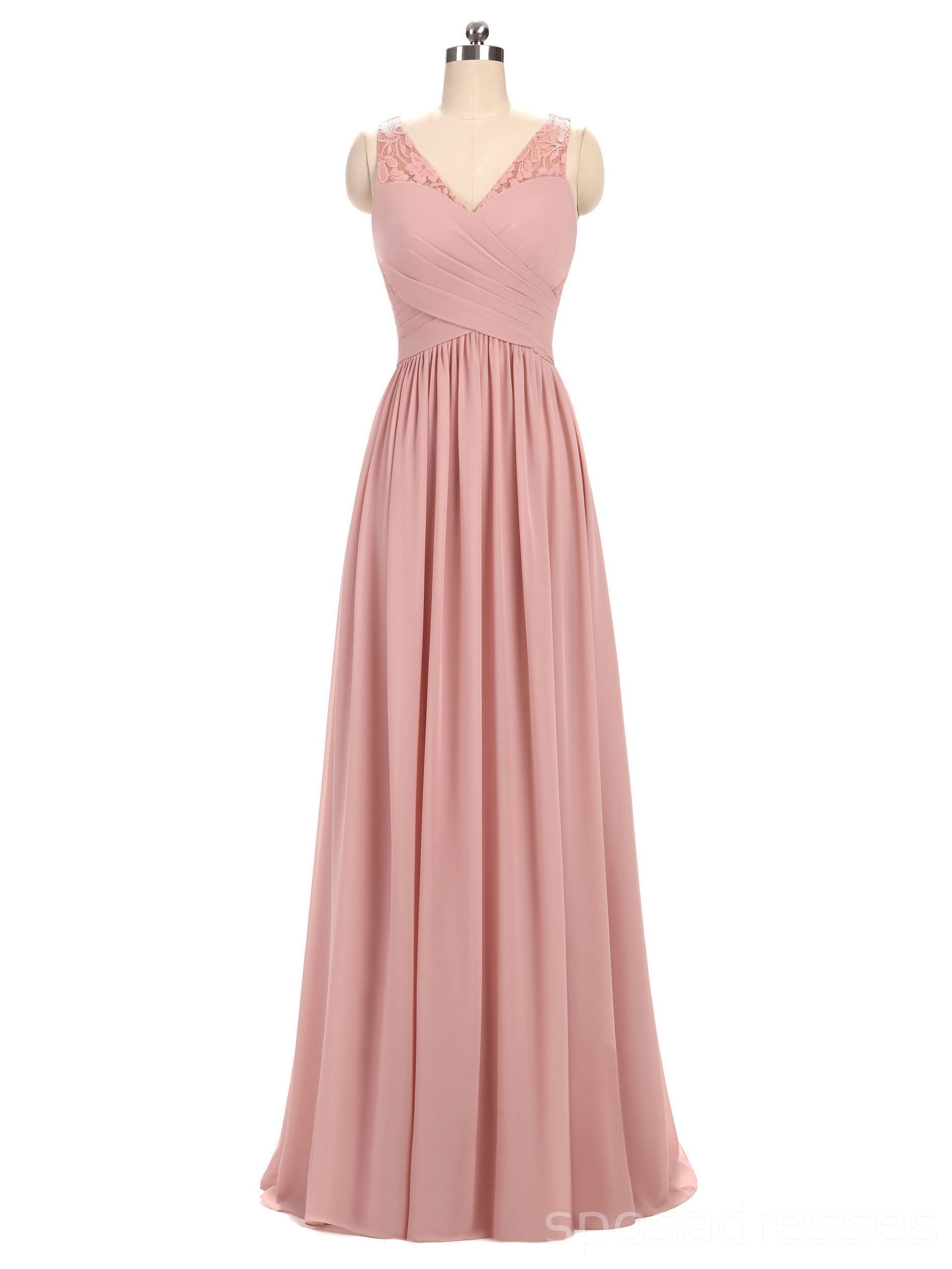 Elegant Dusty Pink V-Neck Lace Straps Long Chiffon Bridesmaid Dress - WG280 | Perfect for Weddings, Formal Events & Special Occasions