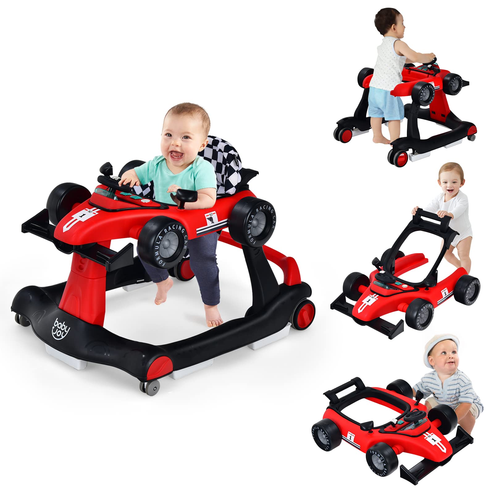 BABY JOY 4-in-1 Foldable Baby Activity Walker with Adjustable Height & Speed - Musical Light-Up Push Walker Toy with Anti-Rollover Wheels for Toddlers 6-18 Months (Red) | Perfect for Learning to Walk, Indoor Play & Early Development